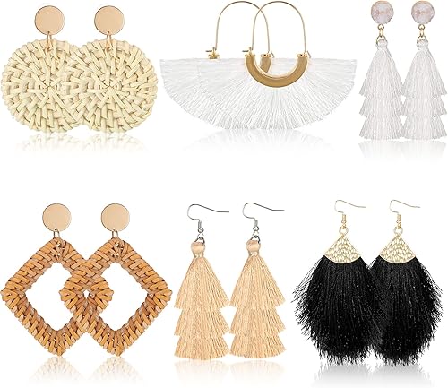 6 pares de aretes de ratán aretes de pajilla con borla bohemios hechos a mano trenzados de mimbre para mujeres y niñas