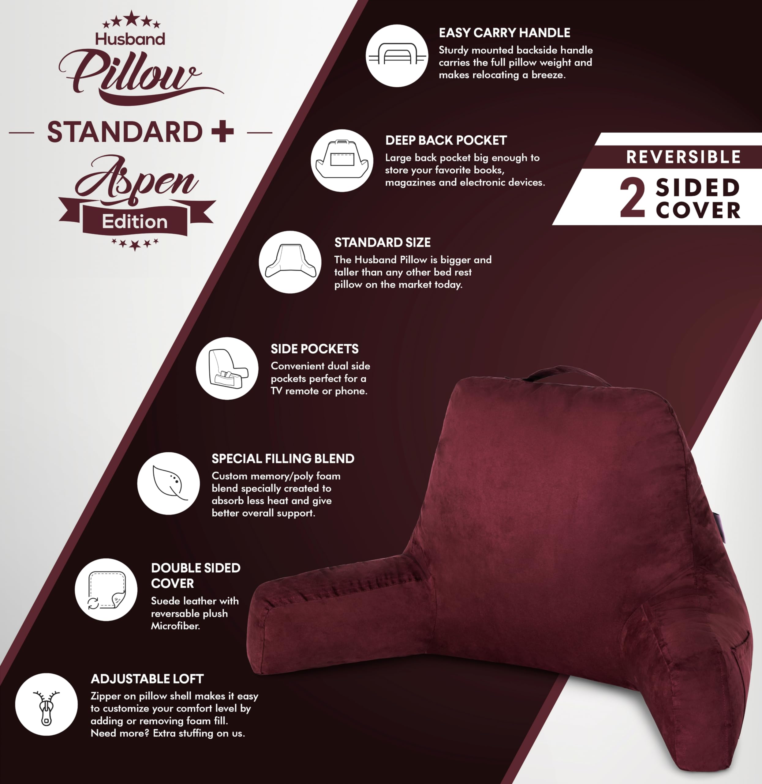 ✨ アリゾナマルーン　Husband Pillow XXL、大型クッション Amazon.com: Husband Pillow XXL – Reading Pillow Bed Chair