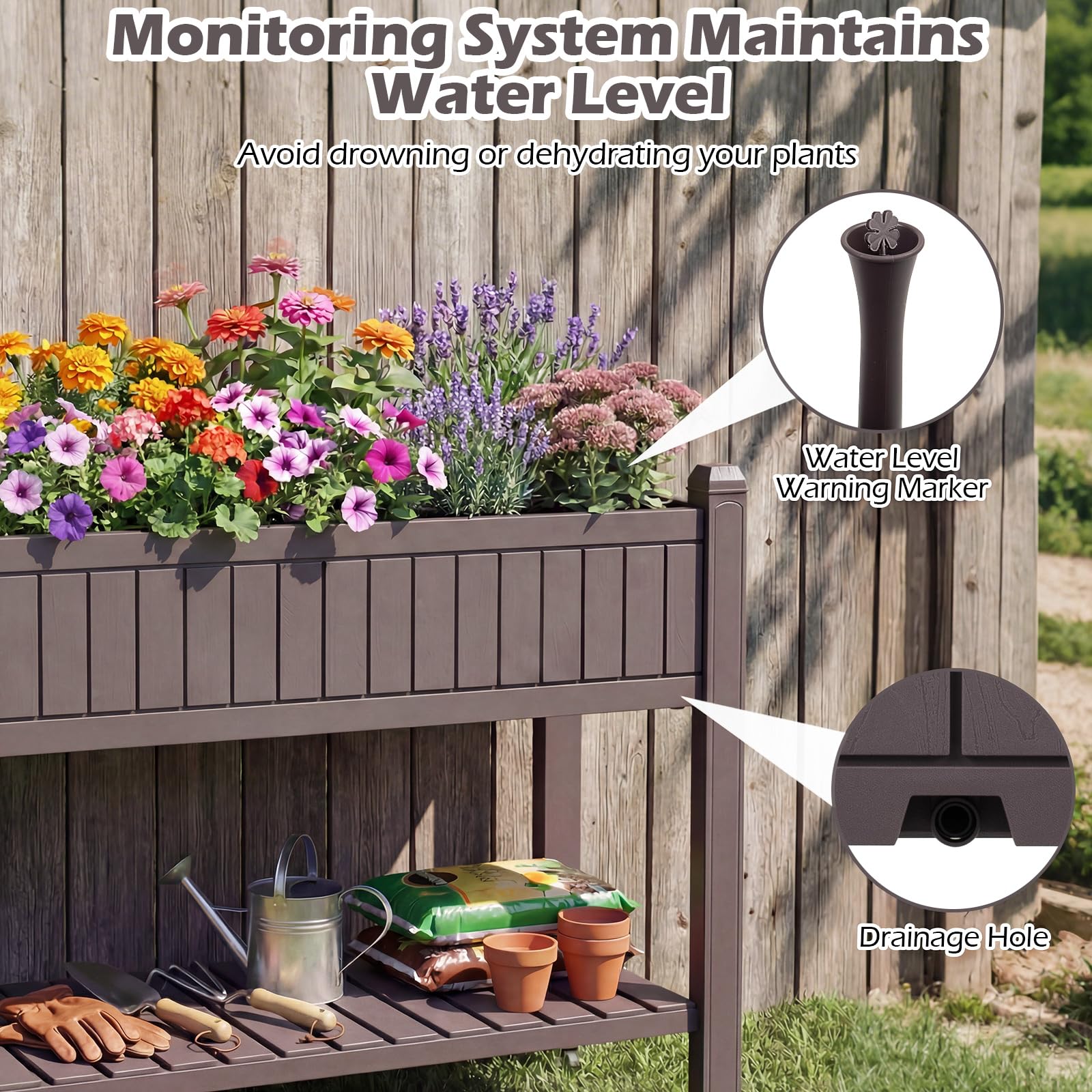 FANTASK Blumenkasten mit Ablage & 4 Rollen, Hochbeet mit Wasserstandsanzeiger & Ablauflöchern, Gartenbeet aus Kunststoff & Metall, Kräuterbeet Gemüsebeet, Anzuchtbeet für Balkon Garten Terrasse, Braun