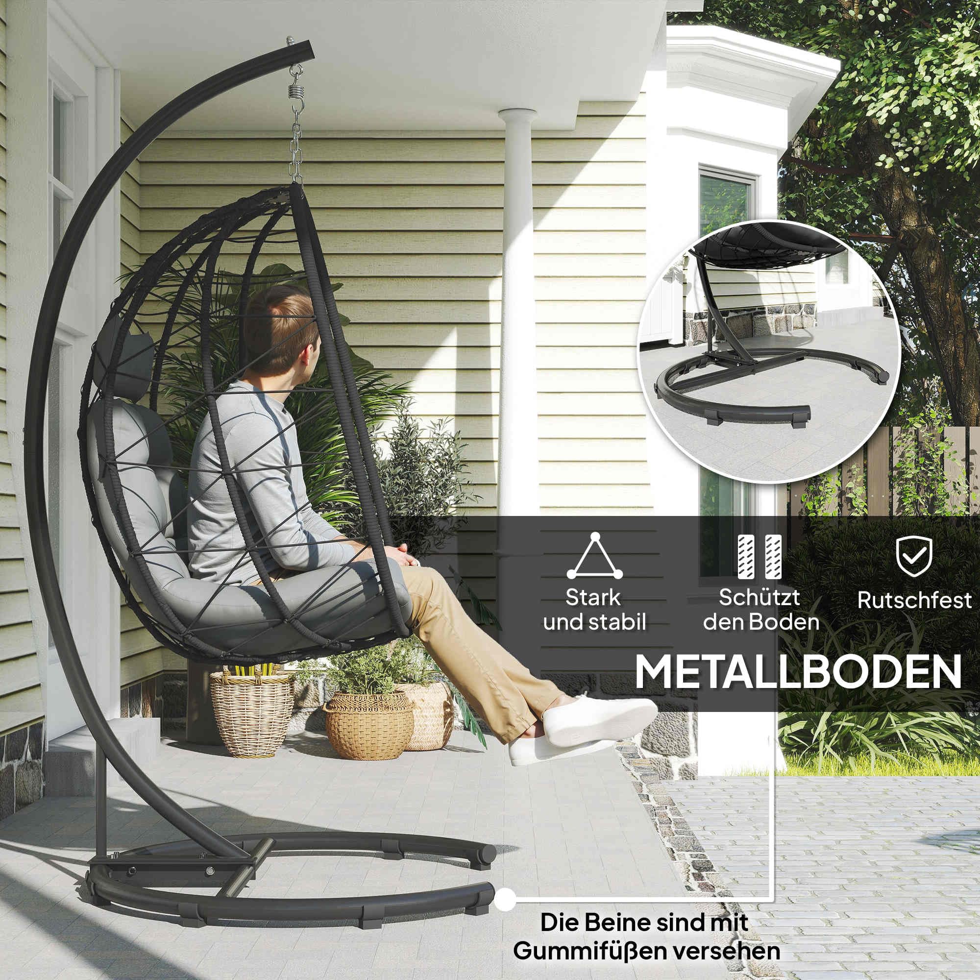 Outsunny Hängesessel Rattan Hängestuhl Indoor Outdoor 195 cm Dunkelgrau | Schaukelkorb, inkl. Gestell, Kissen, Wasserdichte Abdeckung, für Terrasse, Garten, bis zu 150 kg