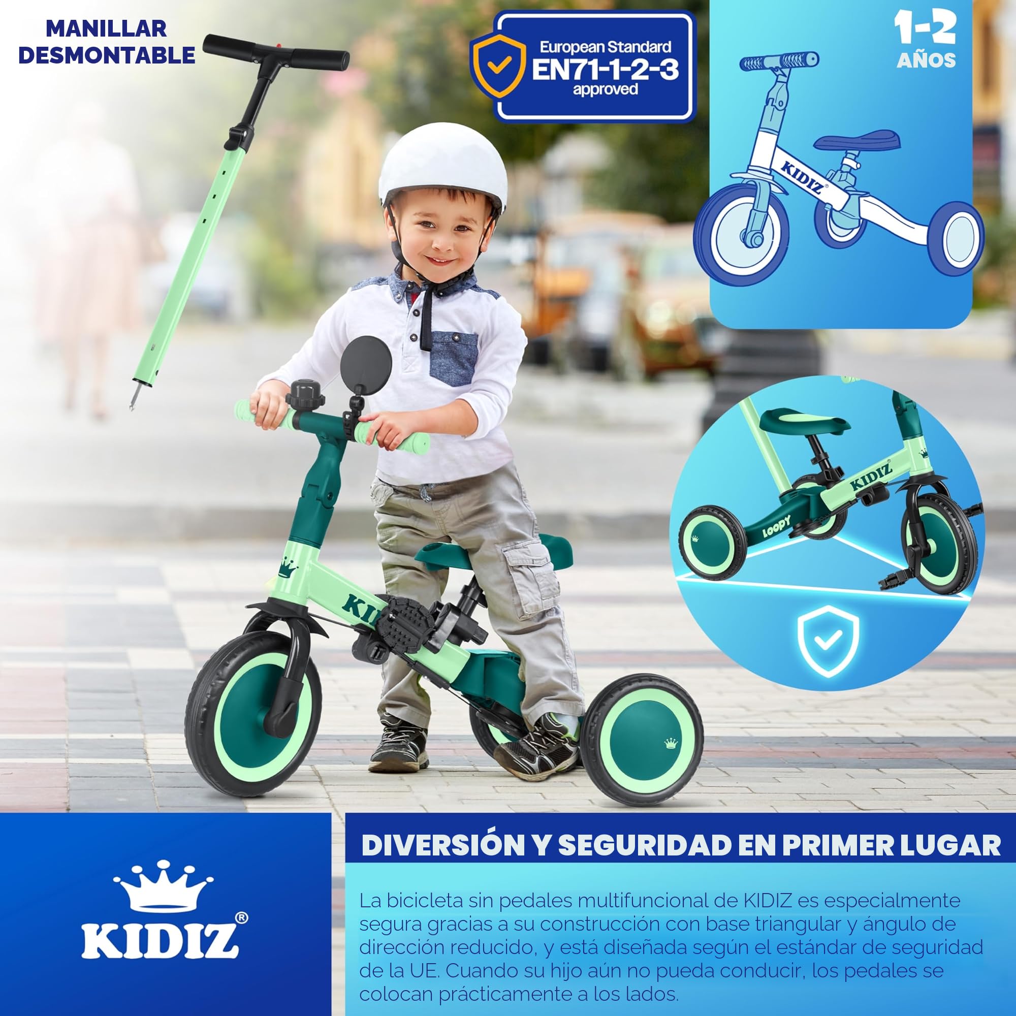 KIDIZ® 6en1 Bicicleta de Balance, Triciclo para niños de 1 año a 5 Años, Capacidad de Carga hasta 25kg, Incl. Manillar/Barra de Seguridad/Cinturón de Seguridad/Timbre/Espejo