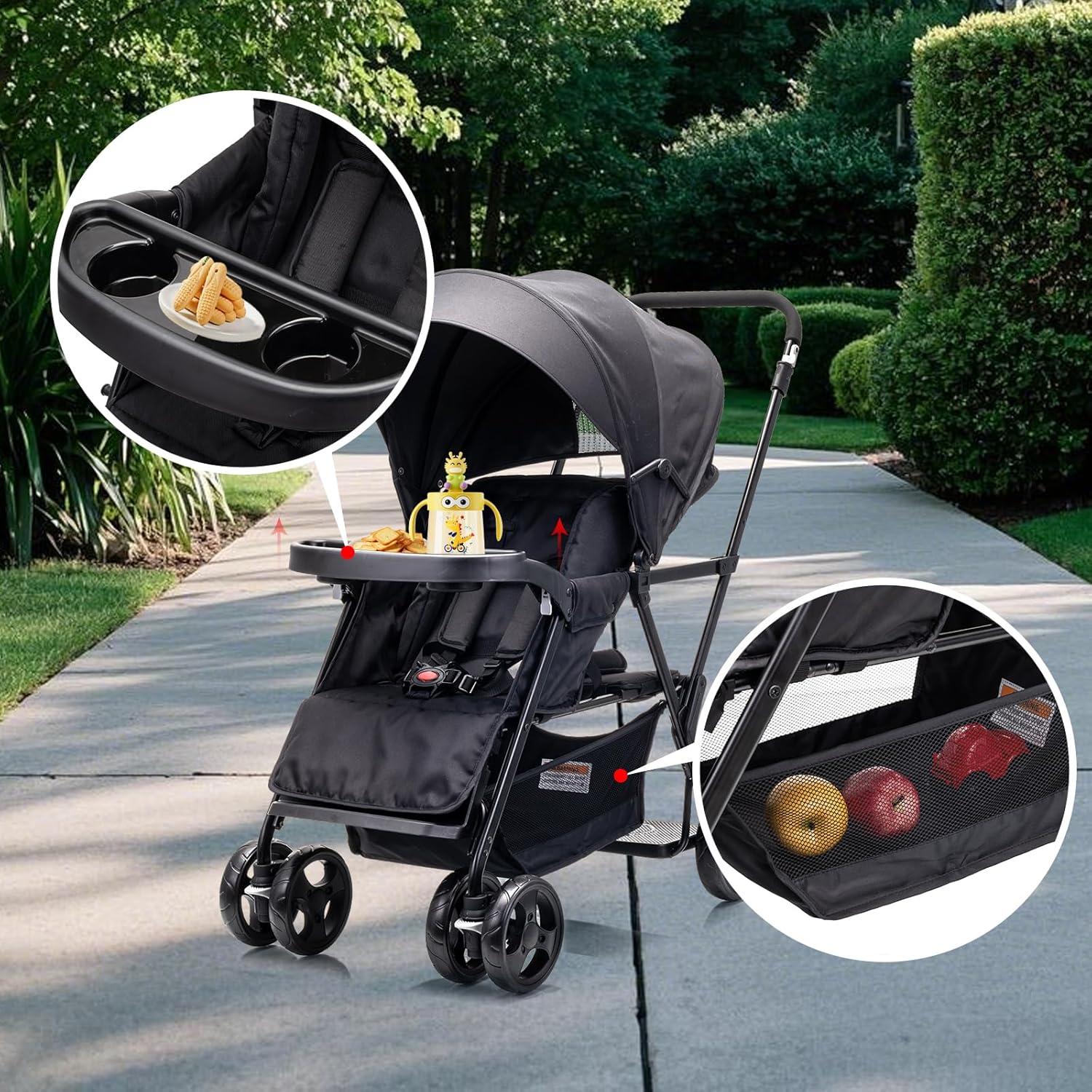 Double Stroller,Sit-Stand Lightweight Travel Folding Stroller for Toddler with Standing Platform,5-Point Harness,Canopy,Kids Tray,Storage