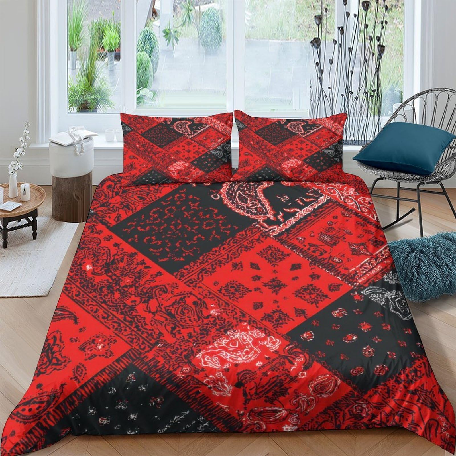 Ctjqhvkz Style-6 3D Printed Red Patchwork Fitted Sheet Microfiber Soft Breathable Paisley Bed Cover For Bedroom Guest Room Decor Single（135X200cm）