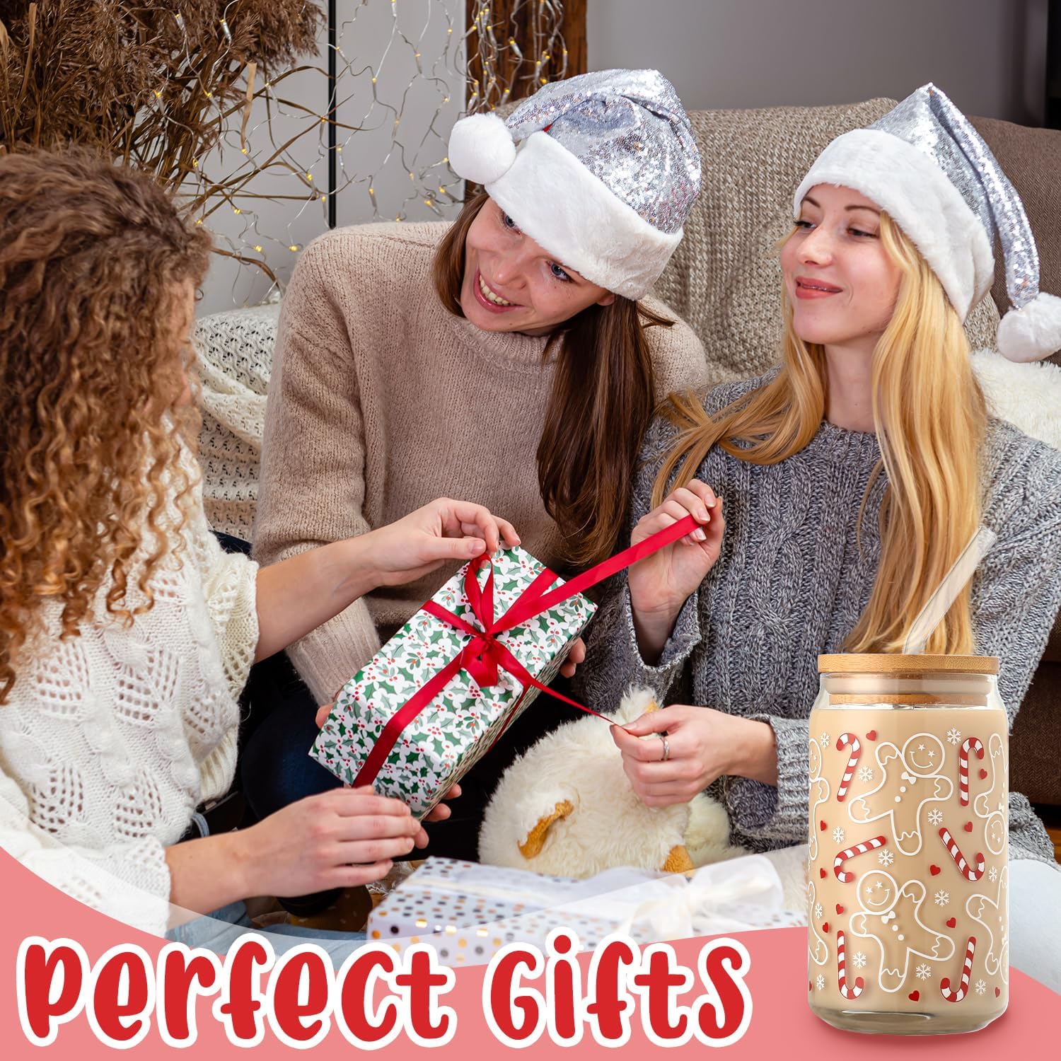 Christmas Glass Cups 16oz Iced Coffee Cups with Lids and Straws Drinking Glasses Cups Decor Glass Water Bottles Gift for Women Kids Men Cute Drinking Can Jar, Tumbler, Beer Can Gifts - Image 7