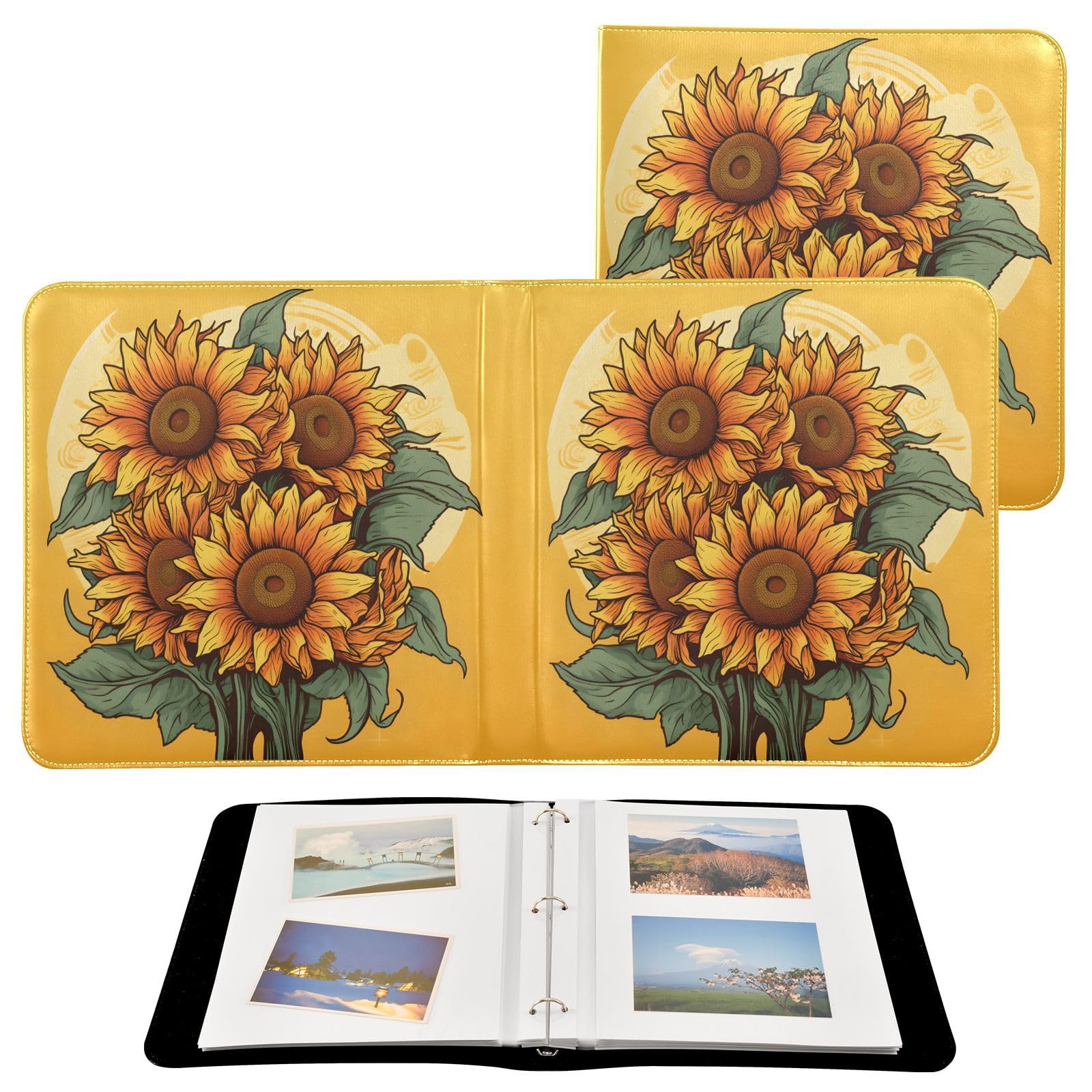 JIPONI A Bunch Of Sunflowers Large Photo Album, DIY Leather Cover Scrapbook Albums for 4x6 5x7 6x8 Pictures, Self Adhesive Memory Book for Wedding, Baby, Family