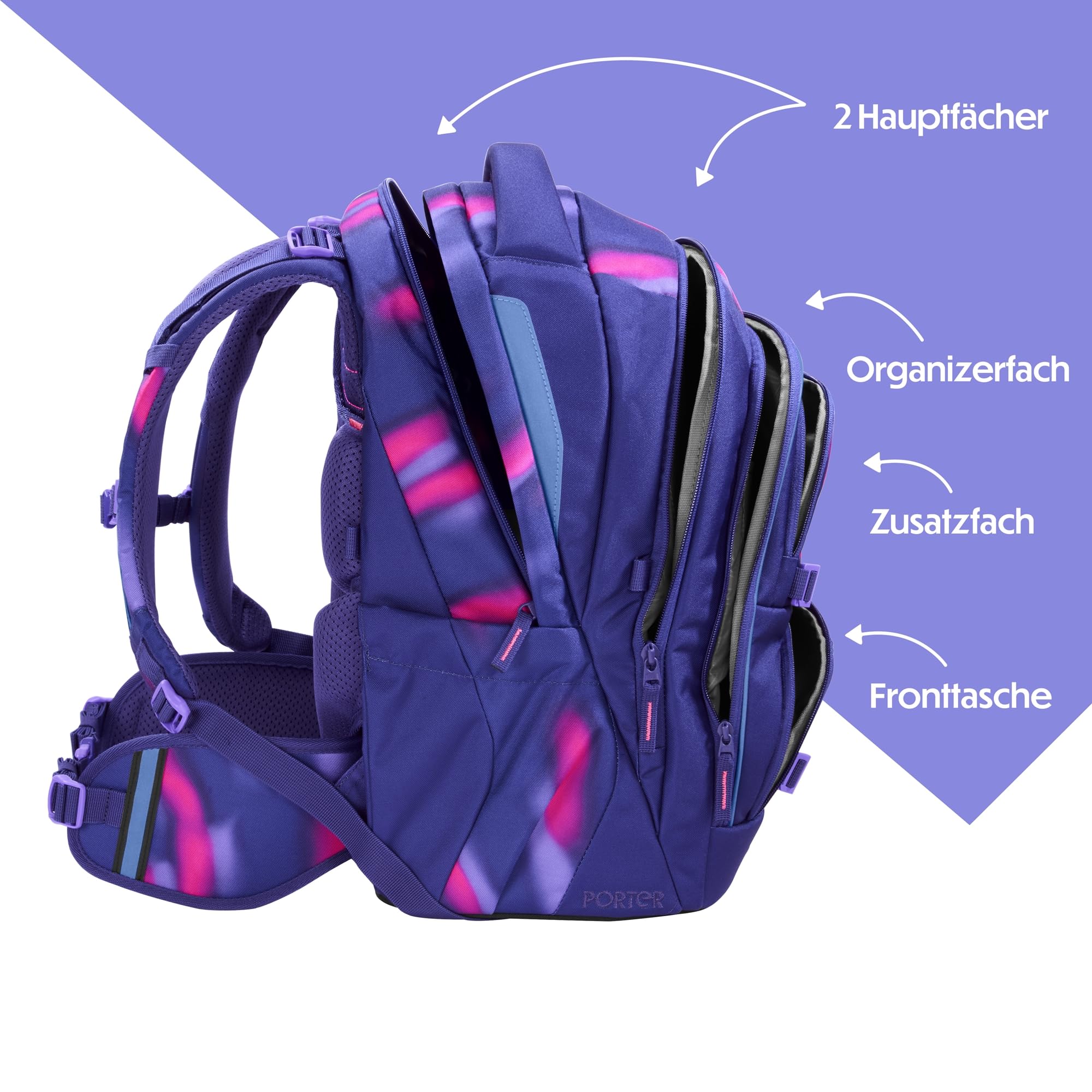 coocazoo Porter Schulrucksack „Aurora Glow”, lila, ergonomischer & anpassbarer Tornister, höhen- & größenverstellbar, mit Brustgurt & Hüftgurt, ab der 3. Klasse