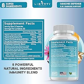 8 in 1 Immune Defense Support, Immunity Vitamins Supplement Booster with Zinc 50mg, Vitamin C Elderberry VIT D3 5000 IU, Turmeric Curcumin & Ginger, Echinacea - Allergy Relief for Kids Adults