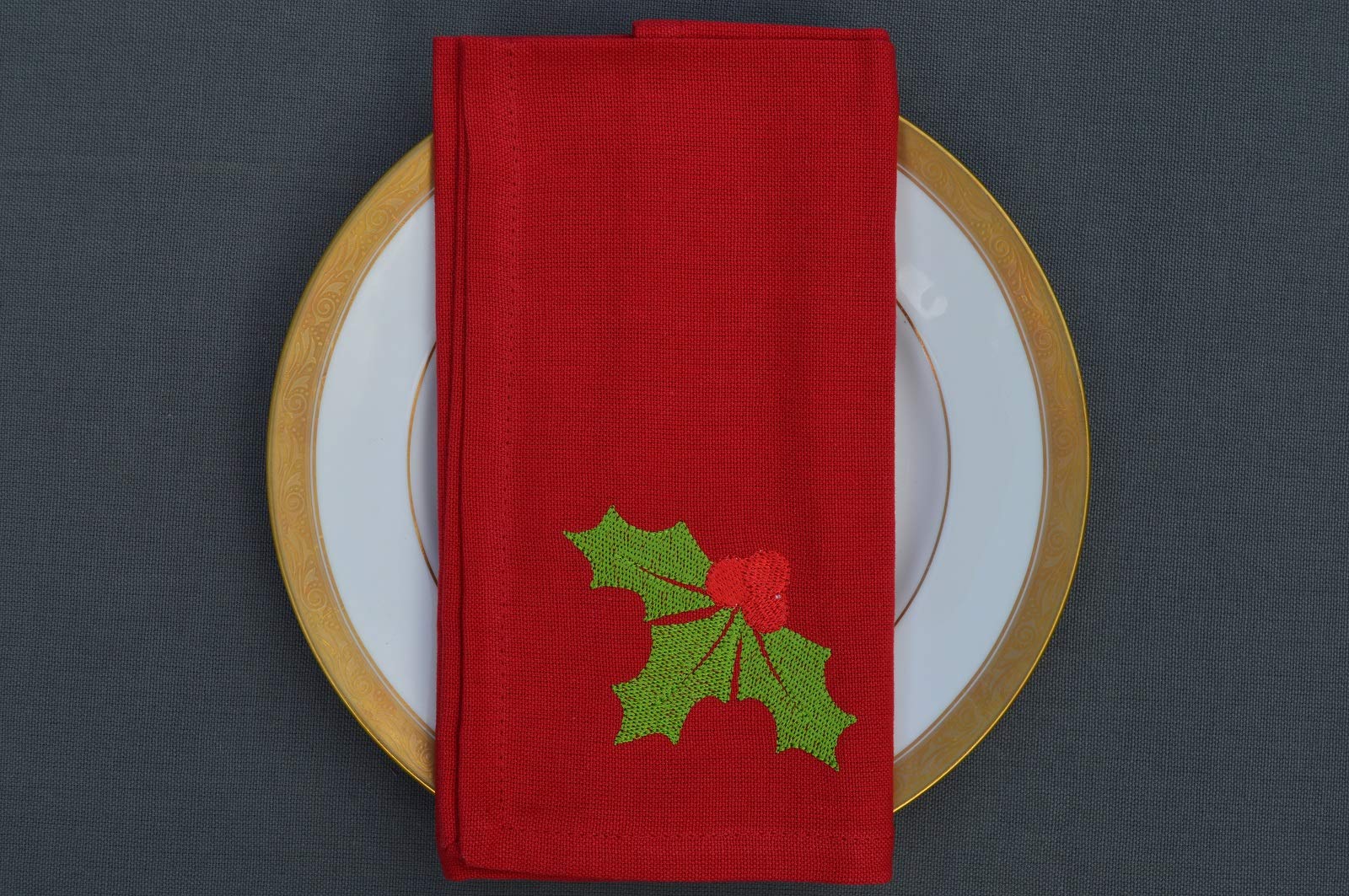 Quayside Home Red Christmas Napkins, 100% Cotton With Embroide Holly Motif. Pack Of 4