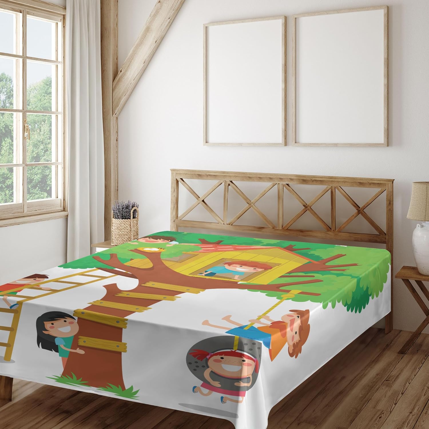 Ambesonne Cartoon Flat Sheet, Cheerful Boys and Girl Playing in a Tree House Happy Friends, Soft Comfortable Top Sheet Decorative Bedding 1 Piece, Full Size, Multicolor