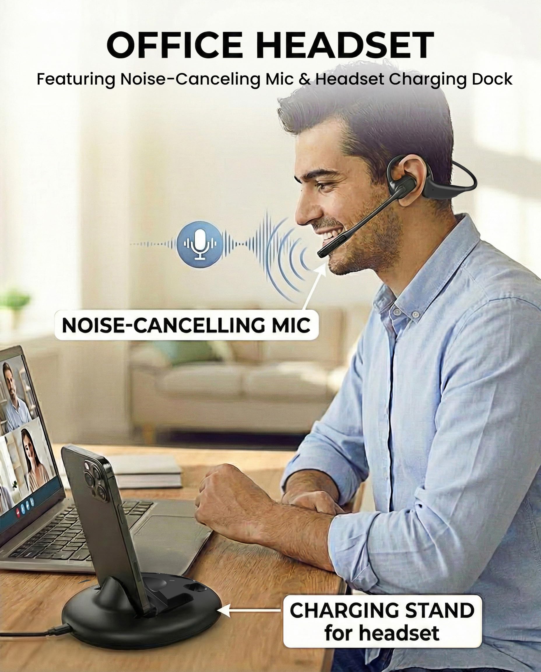 Avantalk Lingo N21 - Cuffie Open-Ear Wireless con Microfono Boom Antirumore & Dock di Ricarica, Auricolari Bluetooth per PC, Computer & Telefono, 15h di Autonomia, Leggeri