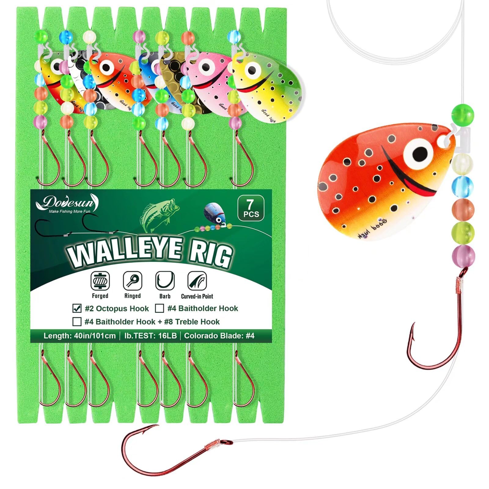 Dovesun Walleye Rigs 16lb Walleye Spinner Rig Crawler Harness with Unique Smile Blades Worm Harnesses for Walleye Fishing 2 Hooks 7PCS