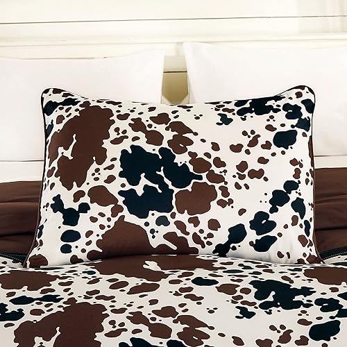 Miniatura 5 de Juego de ropa de cama con estampado de vaca, tamaño Queen, diseño de vaquero con temática occidental, estampado de vaca lechera, marrón, negro,