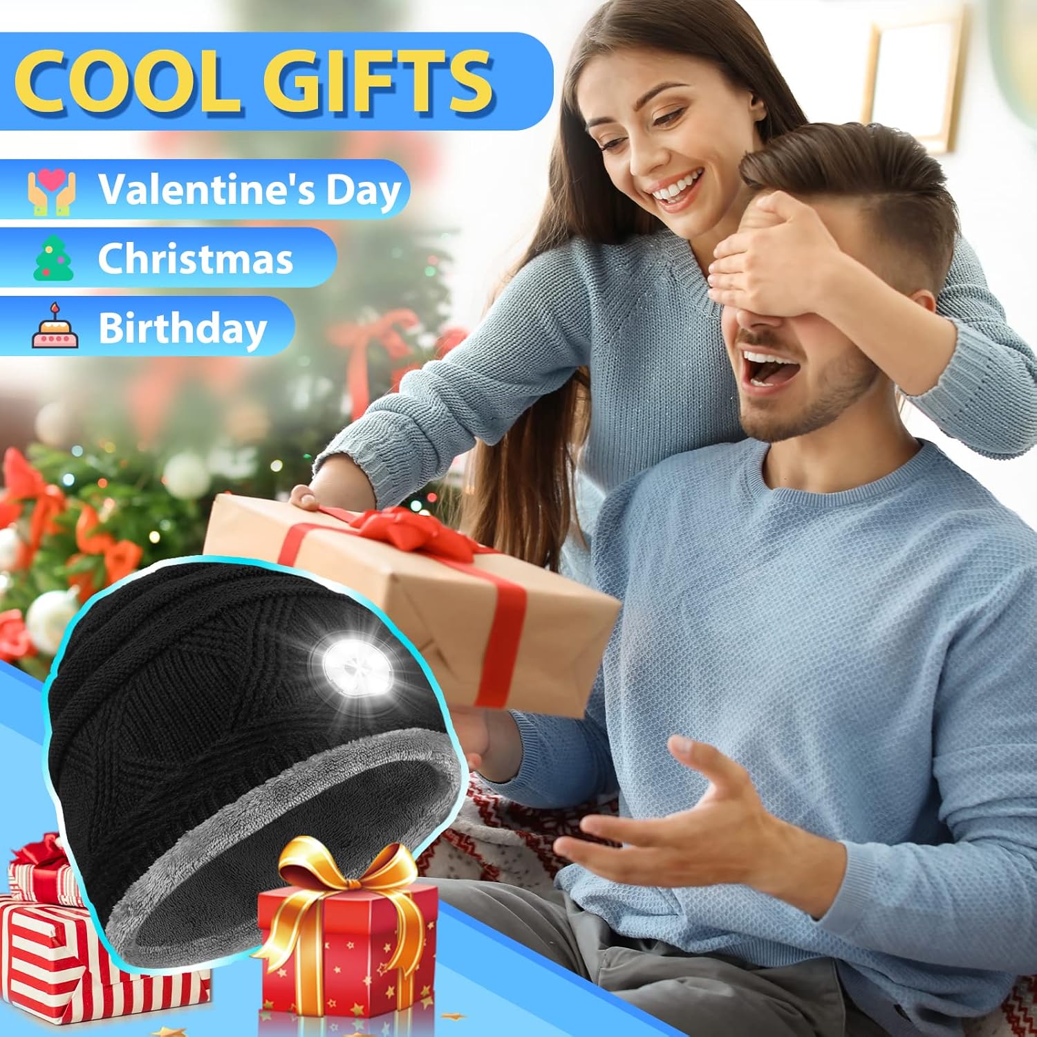 LED Beanie Hat with Light Christmas Stocking Stuffers Gifts for Men Him Women Dad Husband Birthday