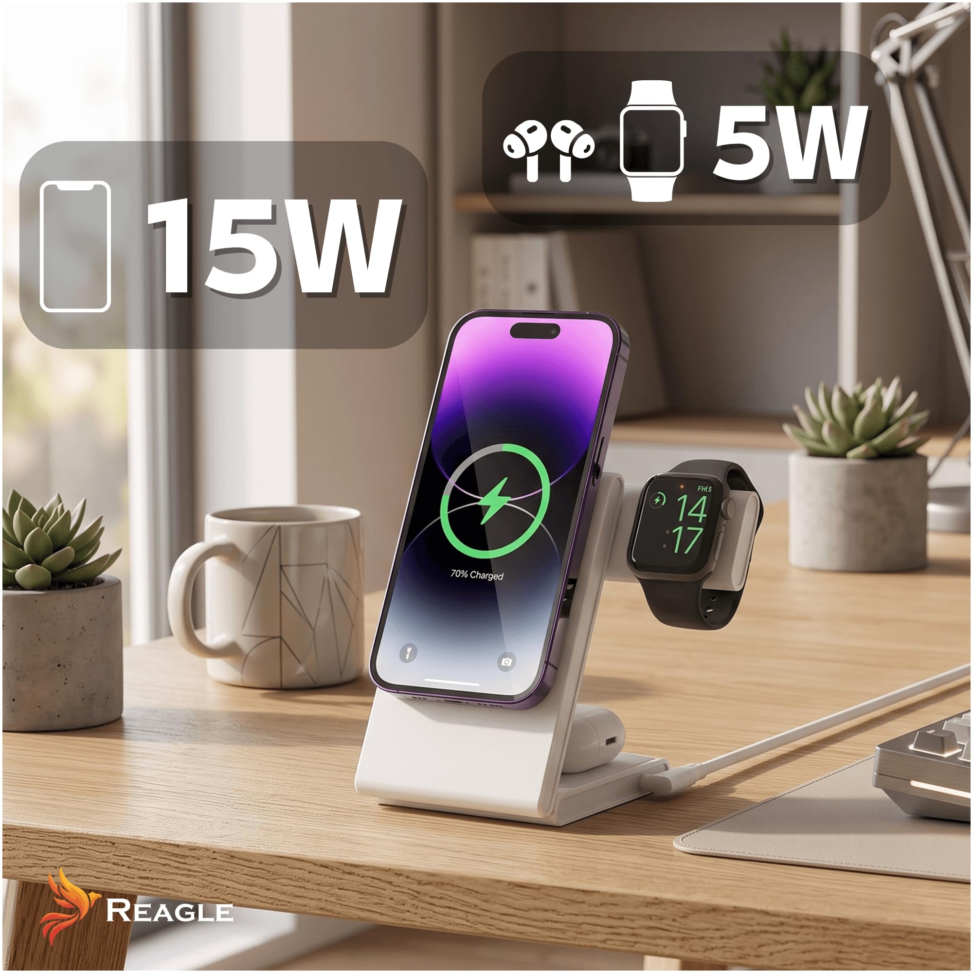Reagle Ładowarka Bezprzewodowa Qi2 3w1 15W, Magnetyczna Składana Stacja Ładująca do iPhone 17/16/15/14/13/12, Apple Watch, AirPods, Samsung Galaxy i Pixel, Biała