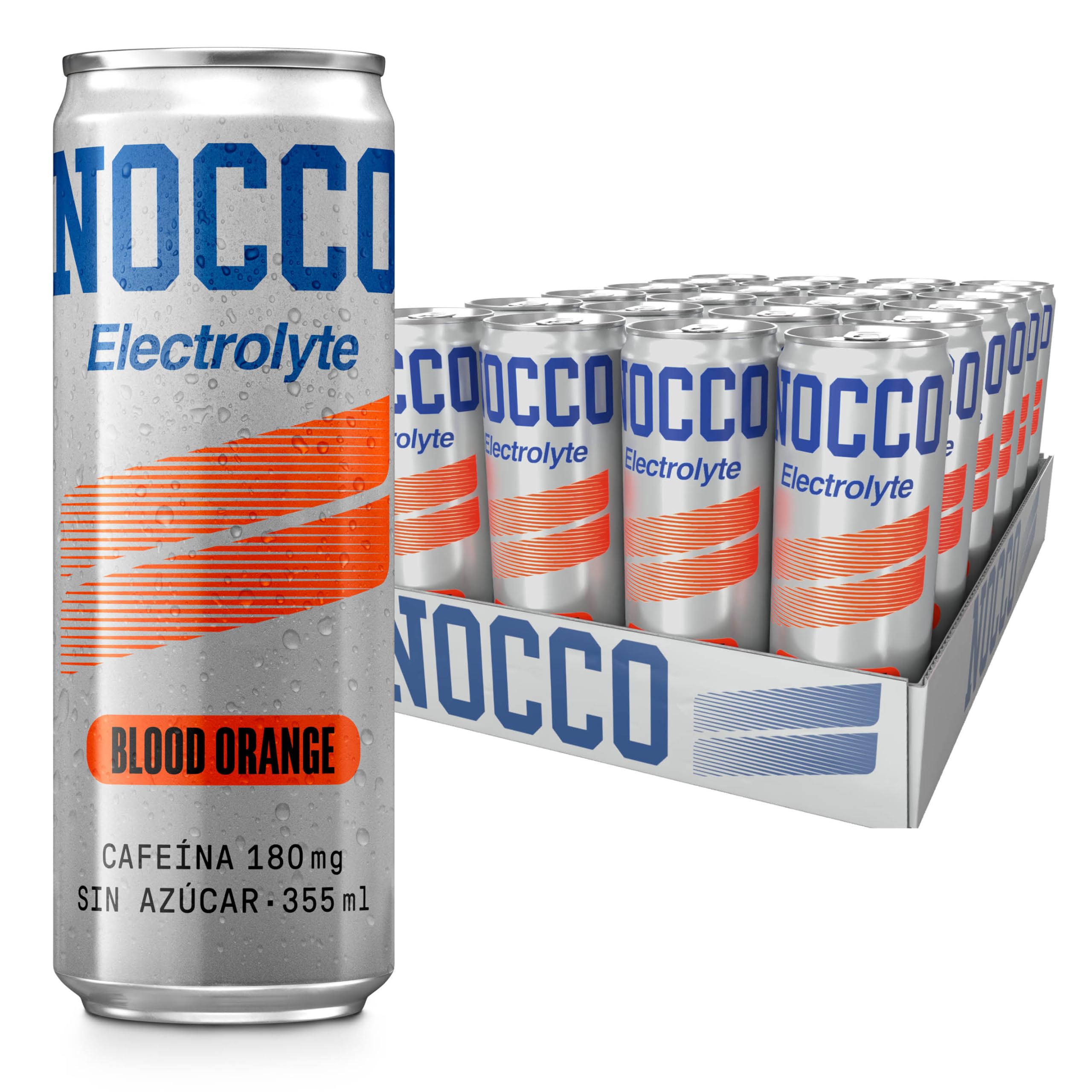 NOCCO Electrolyte Bebida Energética – con Magnesio y Potasio, 180 mg Cafeína, Sin Azúcar, con Vitaminas – 24 x 330 ml (Blood Orange)