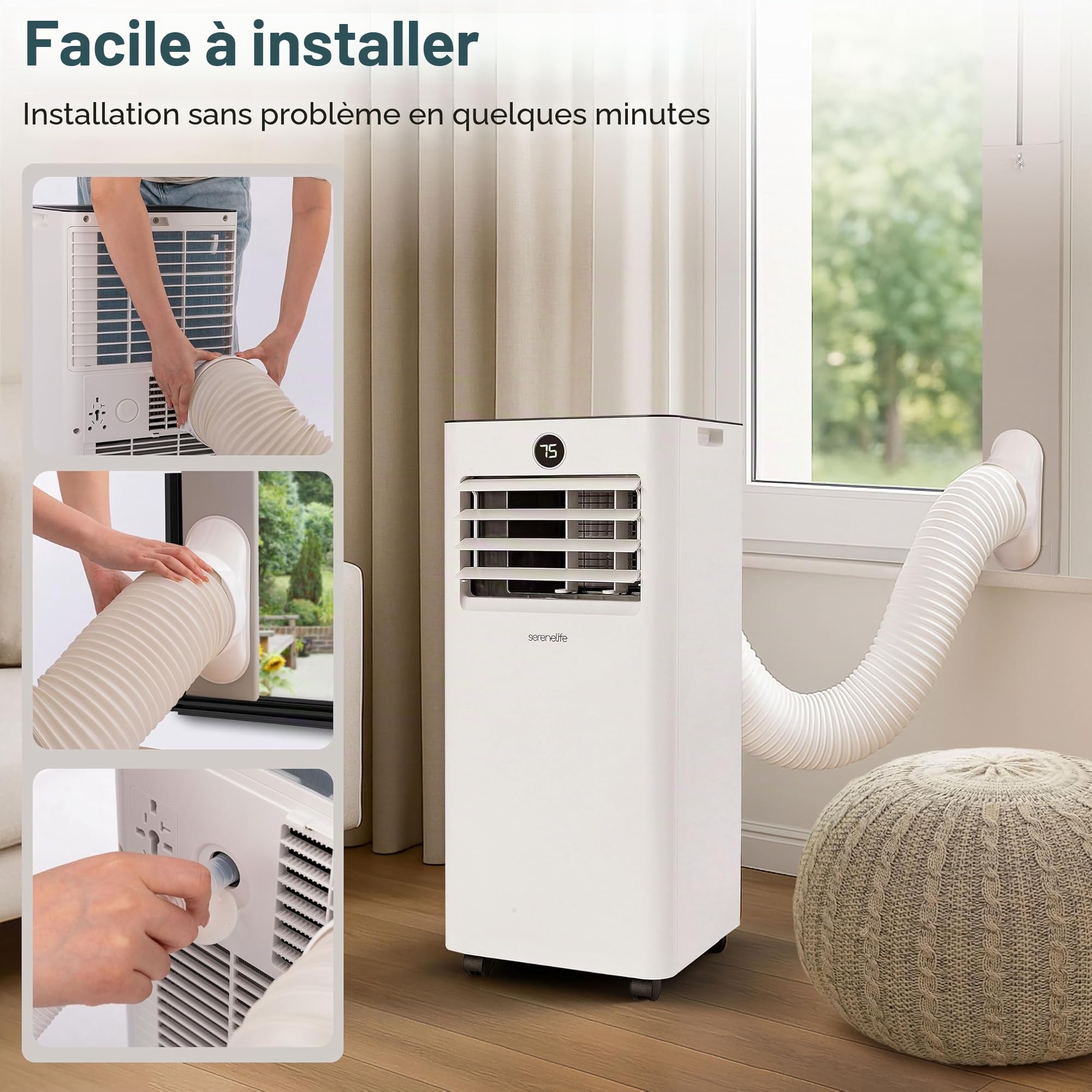 SereneLife Climatiseur Portable 9000 BTU WiFi, Climatiseur Mobile Compact avec Télécommande – Clim 3-en-1 Rafraichisseur d’Air Ventilateur, Kit Fenêtre pour Maison Bureau