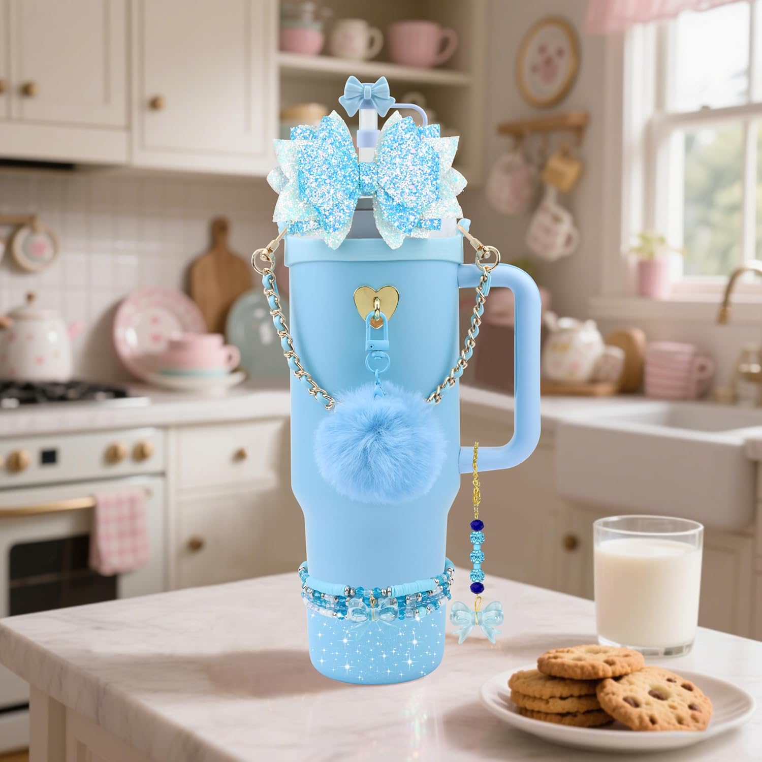 12PCS Accessories for Stanley Cup 40oz&30oz Tumbler Accessories including Silicone Cute Blue Bow Straw Topper Cover Silicone Stanley Boot Leather Water Handle Strap Bracelet Y2K Blue Charms - Image 6