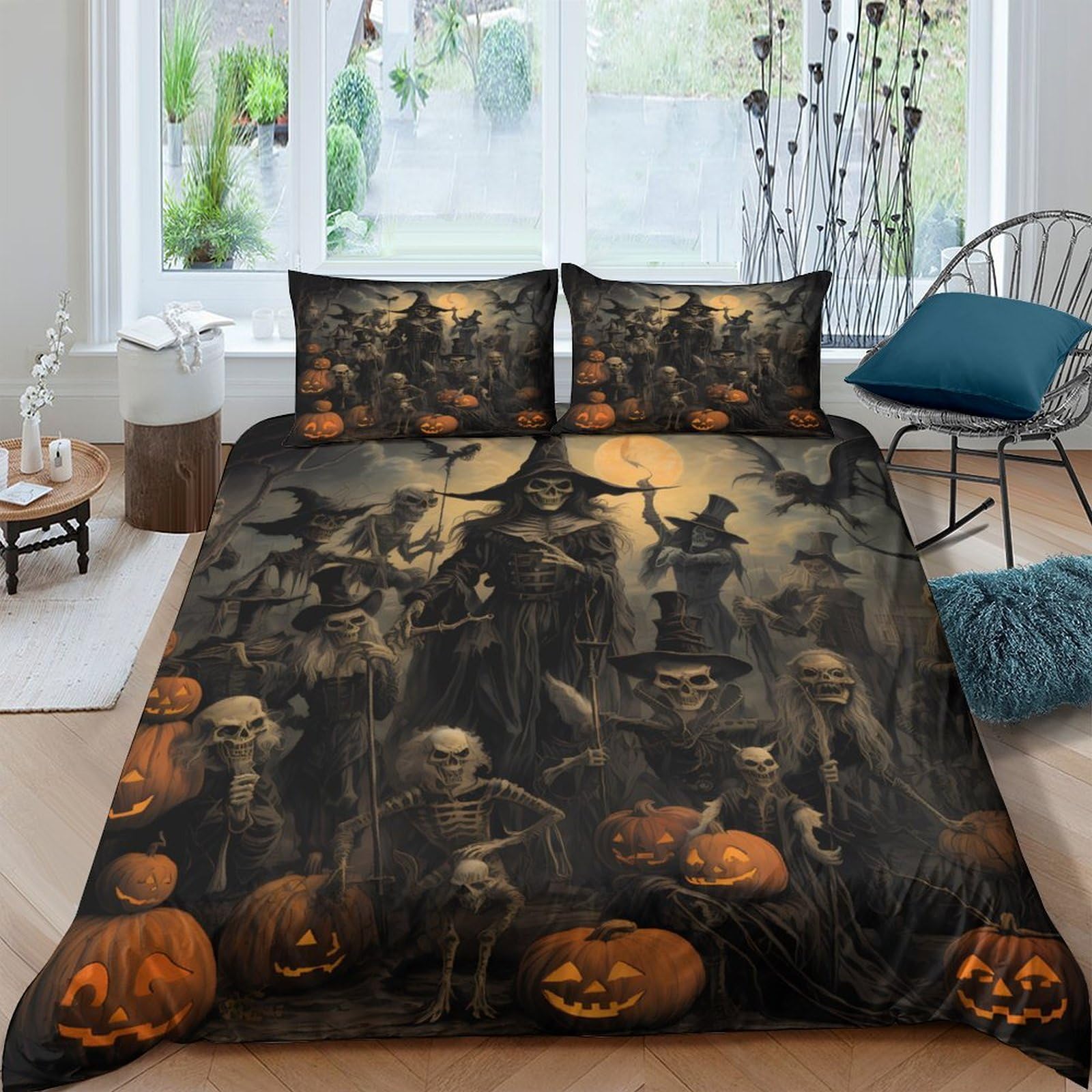 GPLZQXKJNH 3D Printed Halloween Skeleton Pumpkin Duvet Cover Microfiber Soft Breathable Bedding Set with 2 Pillowcases for Bedroom Decor Single（135x200cm）