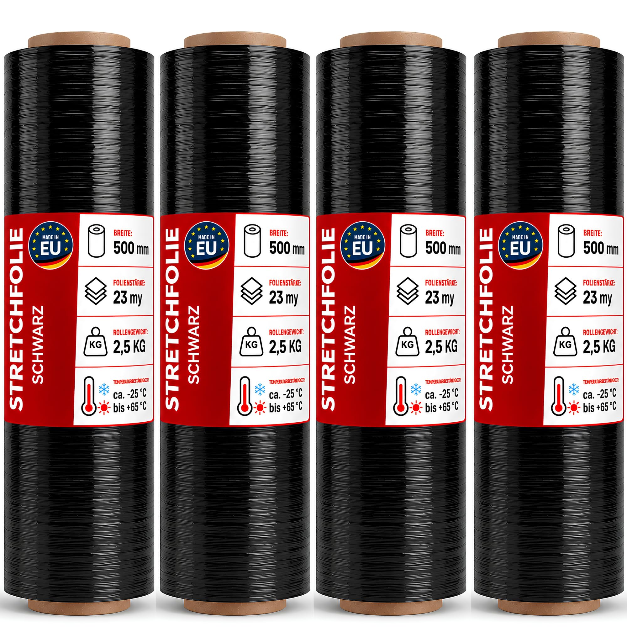 Pellicola elastica nera, 4 rotoli da 2,5 kg ciascuno, 500 mm, 23 my