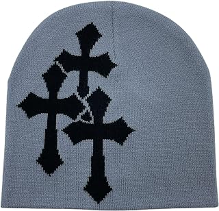 Y2K Dark Cross Wool Hat - Fashion Cross Pattern Loose Pile Knit Hat for Cold Weather - Autumn and Winter