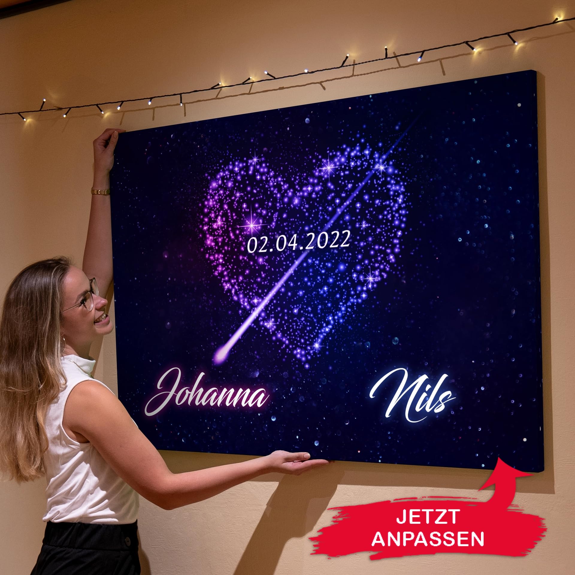 Liebesleinwand Individuelles Wandbild | Jahrestag, Hochzeitstag Geschenke für Frauen | Leinwand mit Namen und Datum gestalten | Mitten ins Herz