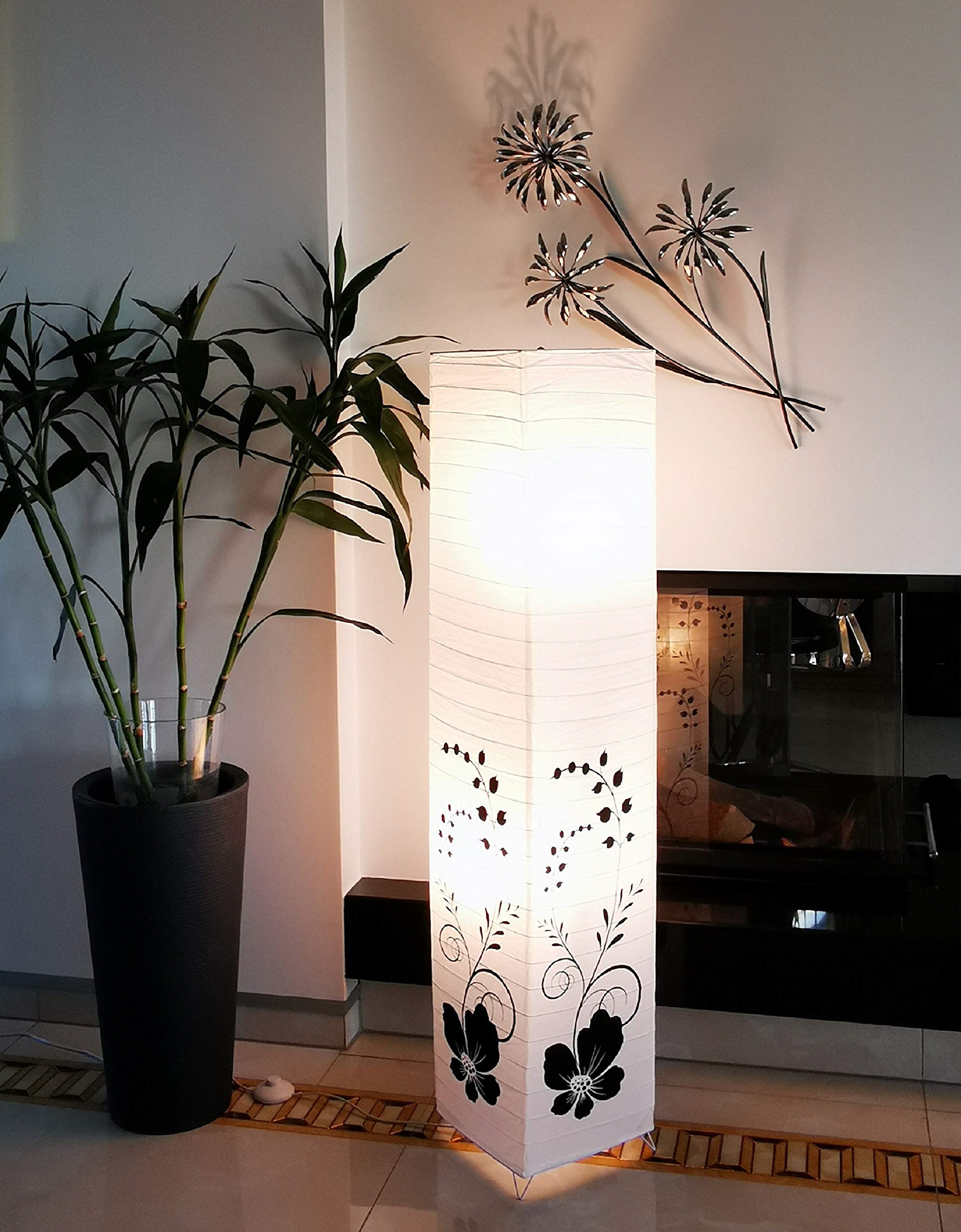 Trango 1210L Design Stehlampe *GREECE* Reispapierlampe *HANDMADE* in weiß mit floralem Motiv I inkl. 2x E14 LED Leuchtmittel I Form: eckig I Höhe: ca. 125cm I Wohnraumlampe I Stehleuchte I Reispapier