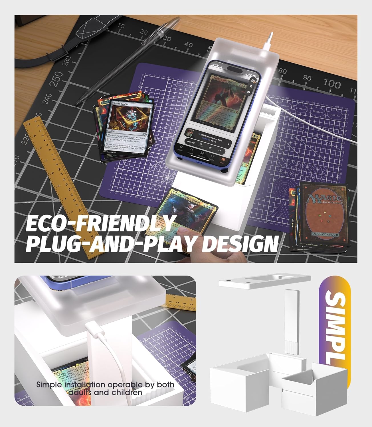 LED MTG Card Scanner Stand for ManaBox, 6000K Anti-Glare Ring Light, Large Capacity Sloped Tray, Adjustable Phone Holder, Trading Card Scanner for Sleeved & Unsleeved Cards