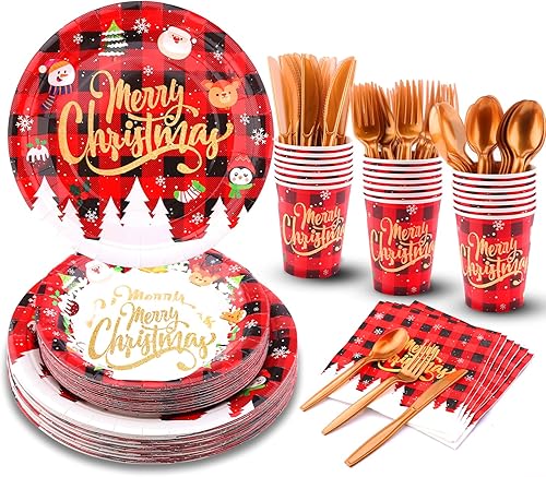 Kalolary Juego de vajilla desechable de 195 piezas para fiesta de Navidad, incluye platos de Navidad, servilletas, tazas, pajitas, cuchillos,