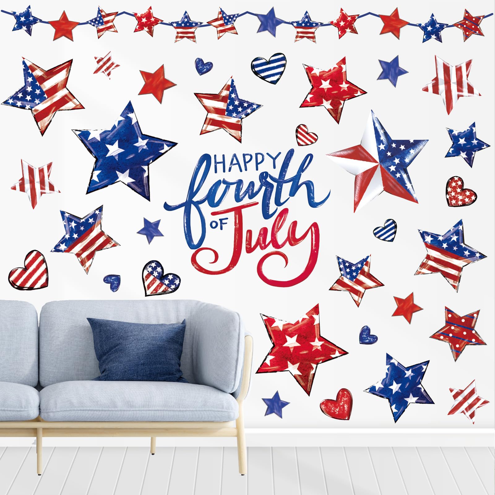 JarThenaAMCS 9 Sheets Patriotic Wall Stickers Watercolor 4th of July Window Decals Vintage Red White Blue Star Heart Room Mural Stickers for