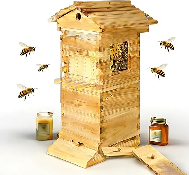 Flow Hive Beehive,Bee Hive Starter Kit Automat,ic Beehive Box Set For Easy Beekeeping,Beeswax Coated Cedar,WoodWith Observation Window,Complete Bee Hive Boxes For Beginners.