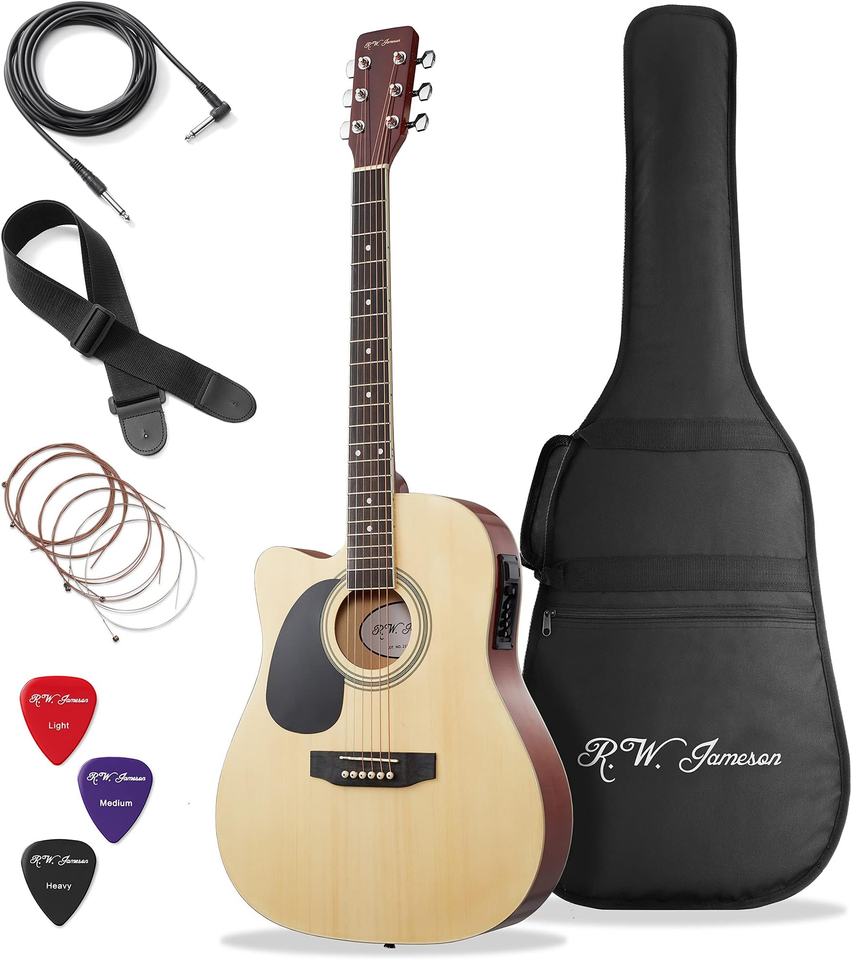 Left Handed Full Size Thinline Acoustic Electric Guitar with Free Gig Bag Case & Picks Natural Finish