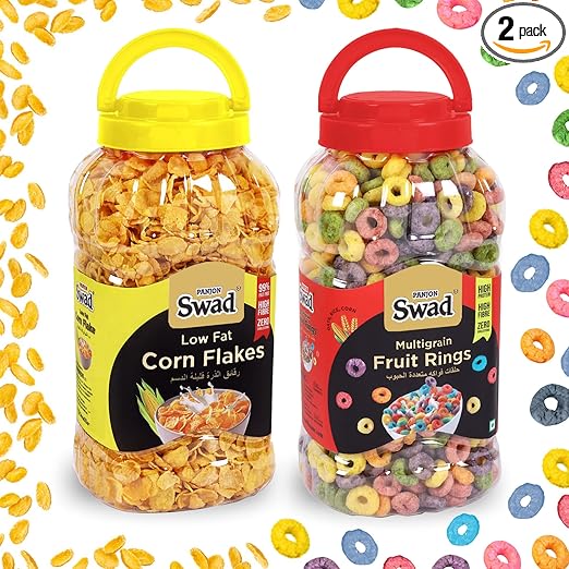 Swad Corn Flakes & Fruit Rings (Wholegrain Froot Loopy Breakfast Cereal Kids) 2 Jars, 550 g