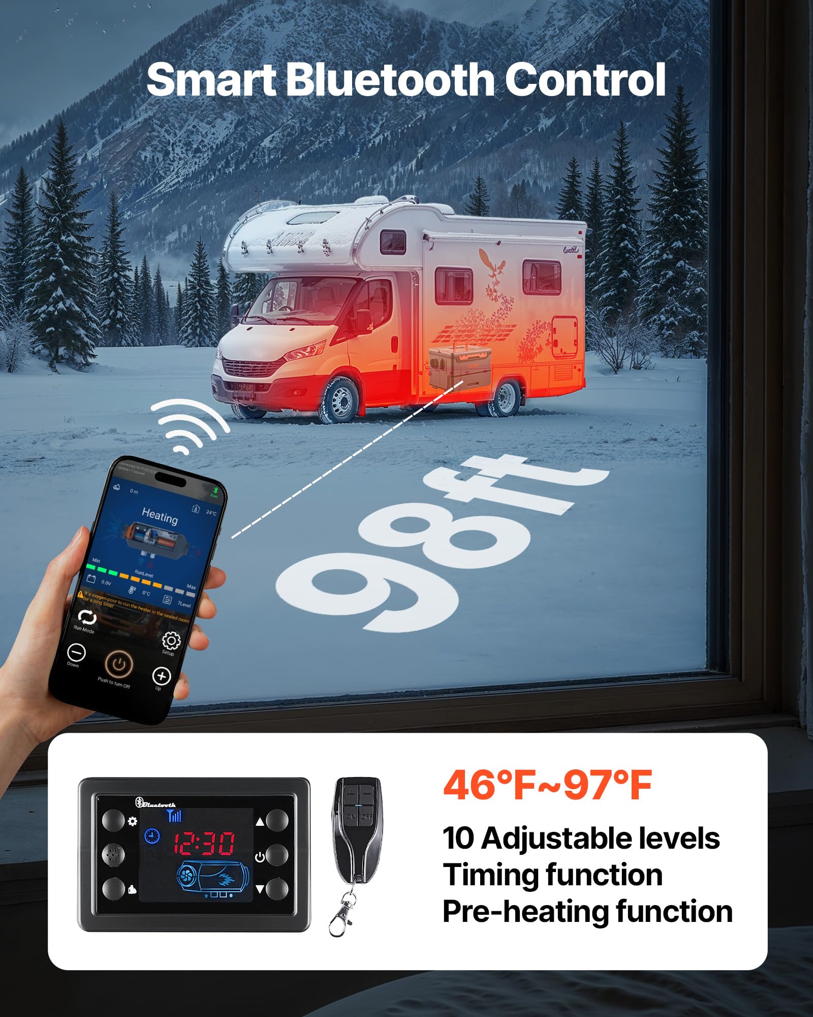VEVOR Calentador Diésel de 8 kW Portátil, Todo en Uno, con Control por Bluetooth, Mando a Distancia y Pantalla LCD, Depósito de Combustible 5 L para Camiones y Autocaravanas, 425 x 320 x 310 mm