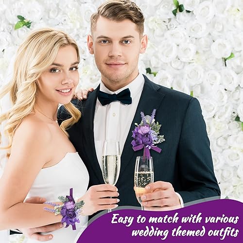 Miniatura 6 de Juego de 12 ramilletes de muñeca morados y boutonniere para novios, padrinos de boda, damas de honor, boda, fiesta, baile, decoración de flores