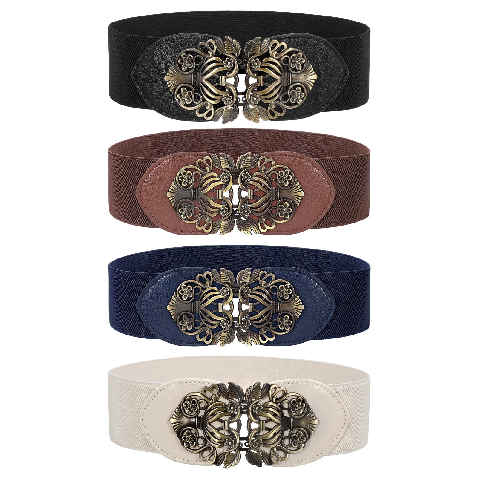 LEACOOLKEY 4 Pack Women Vintage Wide Waist Belts for Dress Elastic Cinch Belt with Retro Interlocking Buckle