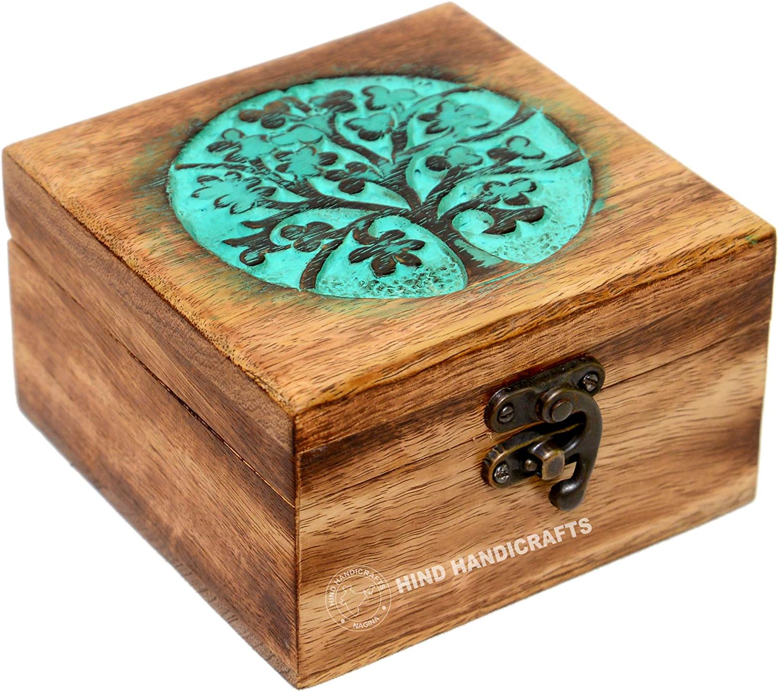 Hind HandicraftsHandmade Mango Wood Jewelry Box - Tree of Life Engraved Keepsake Storage & Organiser - Beautiful Gift Idea for Men & Women - Home Decor & Memorial Use - 4.5" x 4.5" x 2.5"