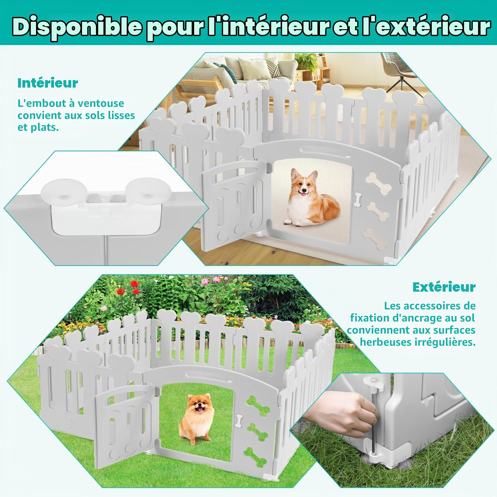 MAMIZO Parc pour Chien 60 cm Haut, Plastique Parc Chien 7+1 PCS Panneaux, Parc Chiot Pliable avec Portail, avec ventouses et ancrages au Sol, Enclos pour Chat et Lapin Interieur Extérieur, Gris | Parc Chiot Pliable avec Portail, avec ventouses et ancrages