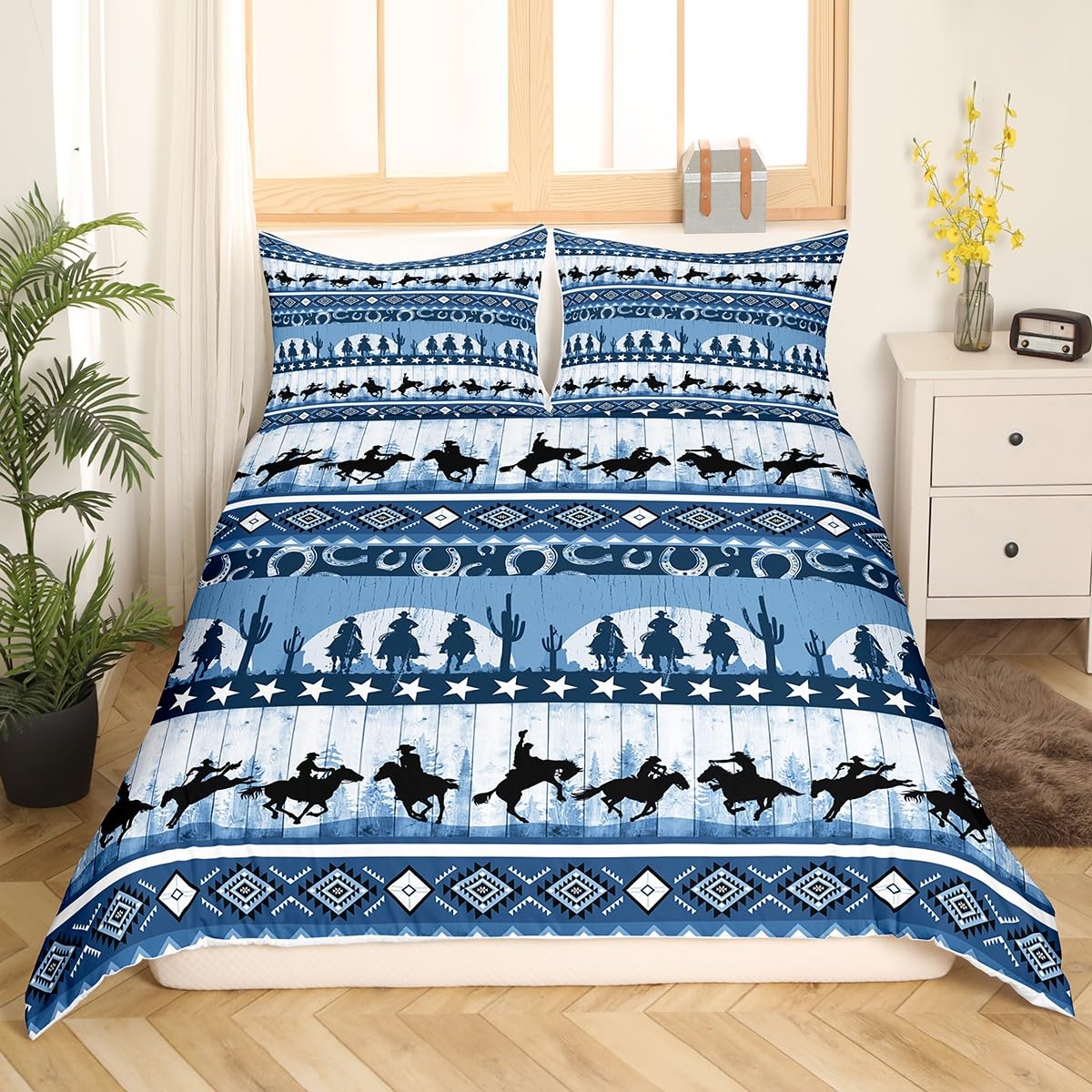 Set di biancheria da letto matrimoniale con motivo cowboy occidentale, patchwork geometrico azteco sud-occidentale, decorazione per la camera da letto di ragazzi e adulti, con assi di cavallo in