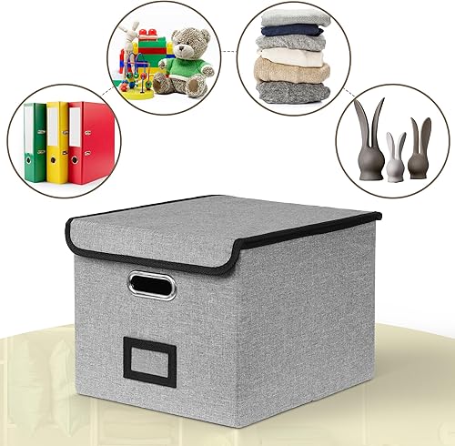 Miniatura 6 de Caja organizadora de archivos con 5 carpetas colgantes y tobogán de plástico, caja de archivos plegable de lino con tapa para oficina, hogar,