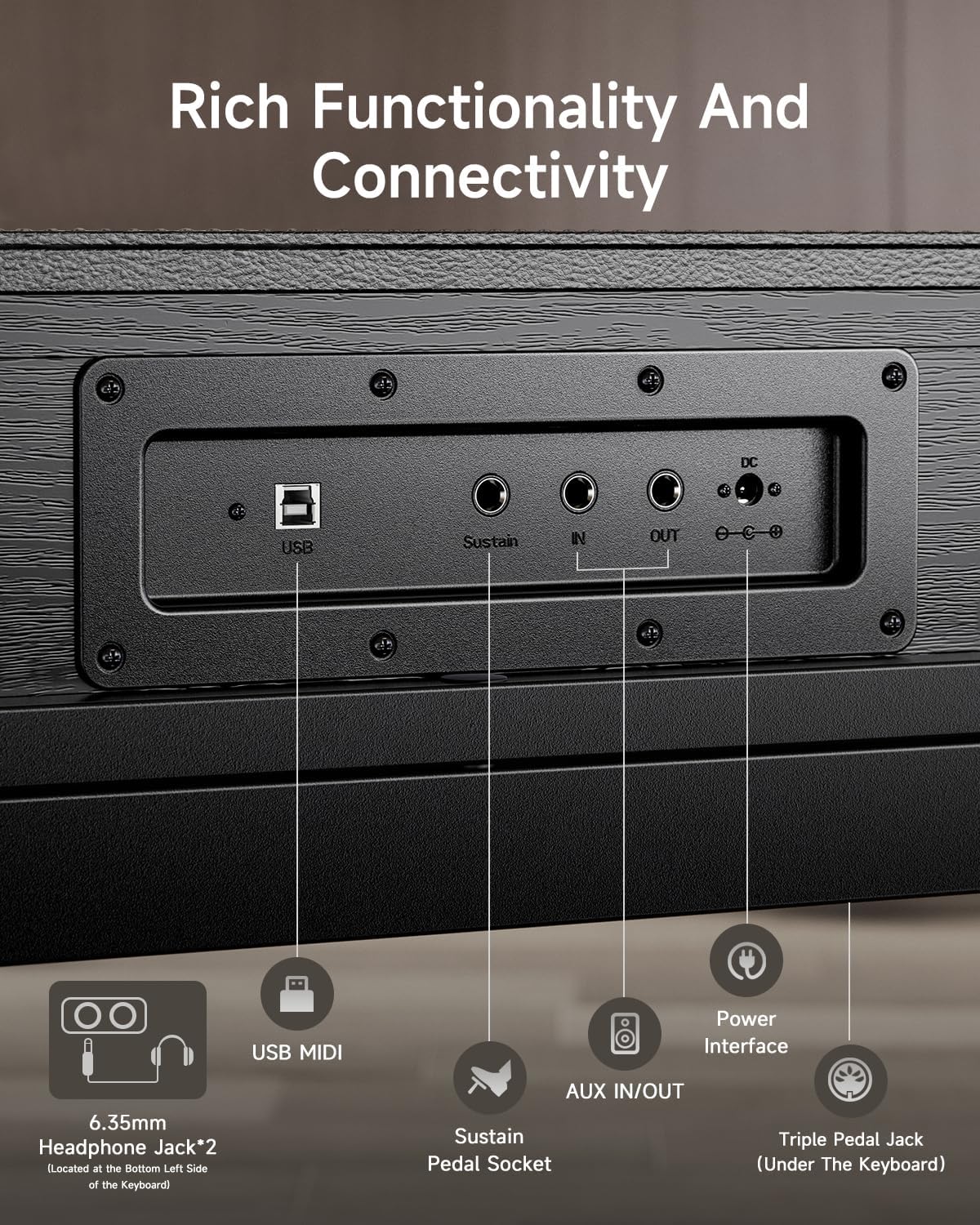 Donner OURA S300 Digital Piano арткы панелинин порттору