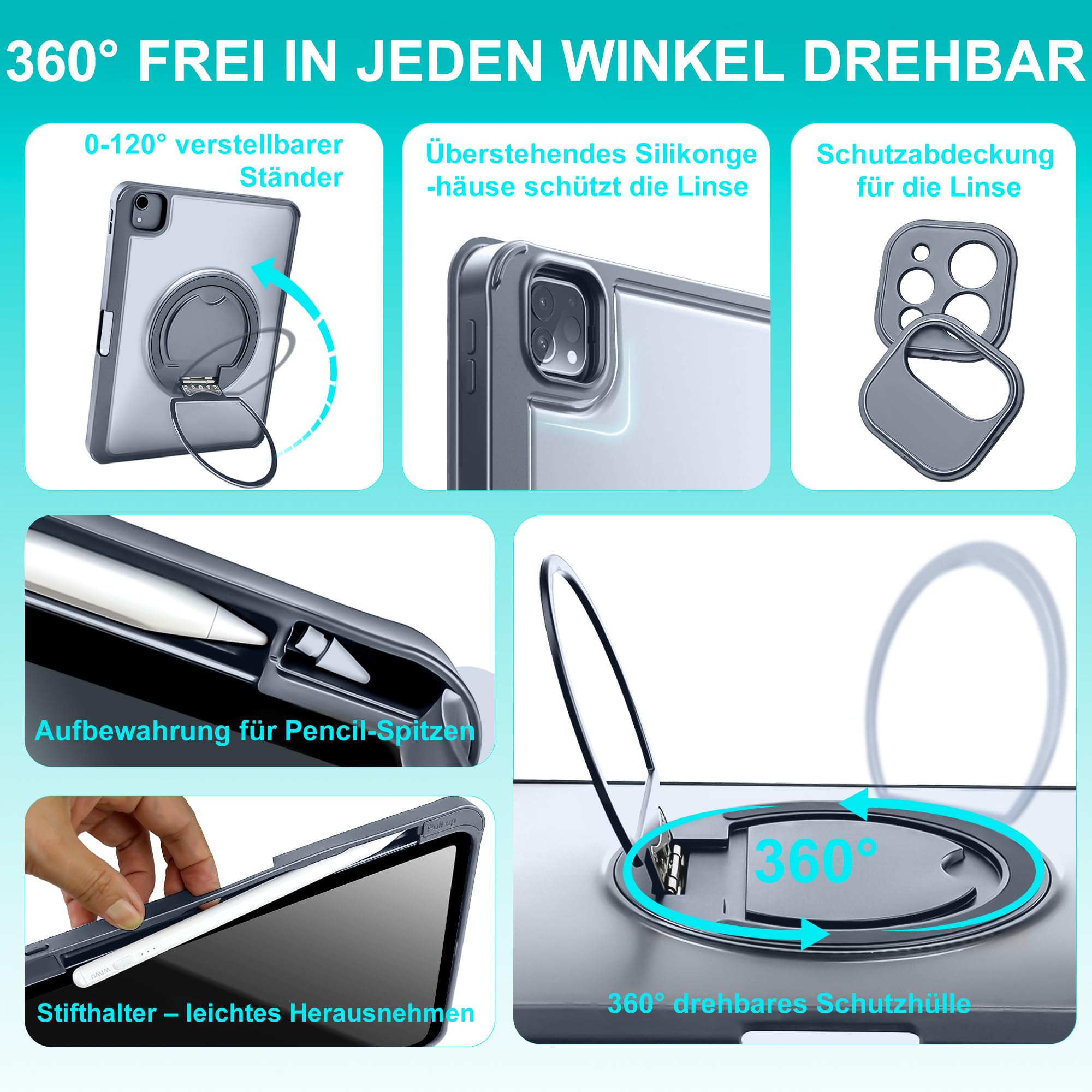 WIWU iPad-Hülle Mit Tastatur Air 11 Zoll M4/M3/M2 10 Gen,360°-Ständer,Magnetisch Abnehmbare Hülle Mit Tastatur,Hintergrundbeleuchteten Tasten,Grau(Für iPad 11/10/Air 5/4/11" (M4/M2/M3)Pro 11" 4/3/2/1)
