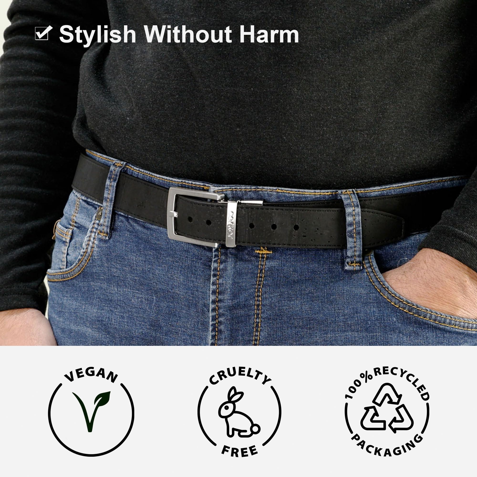 Corkor Herren Gürtel Ratsche für Männer Reversibel 30mm Breit Vegan aus Veganer korkleder