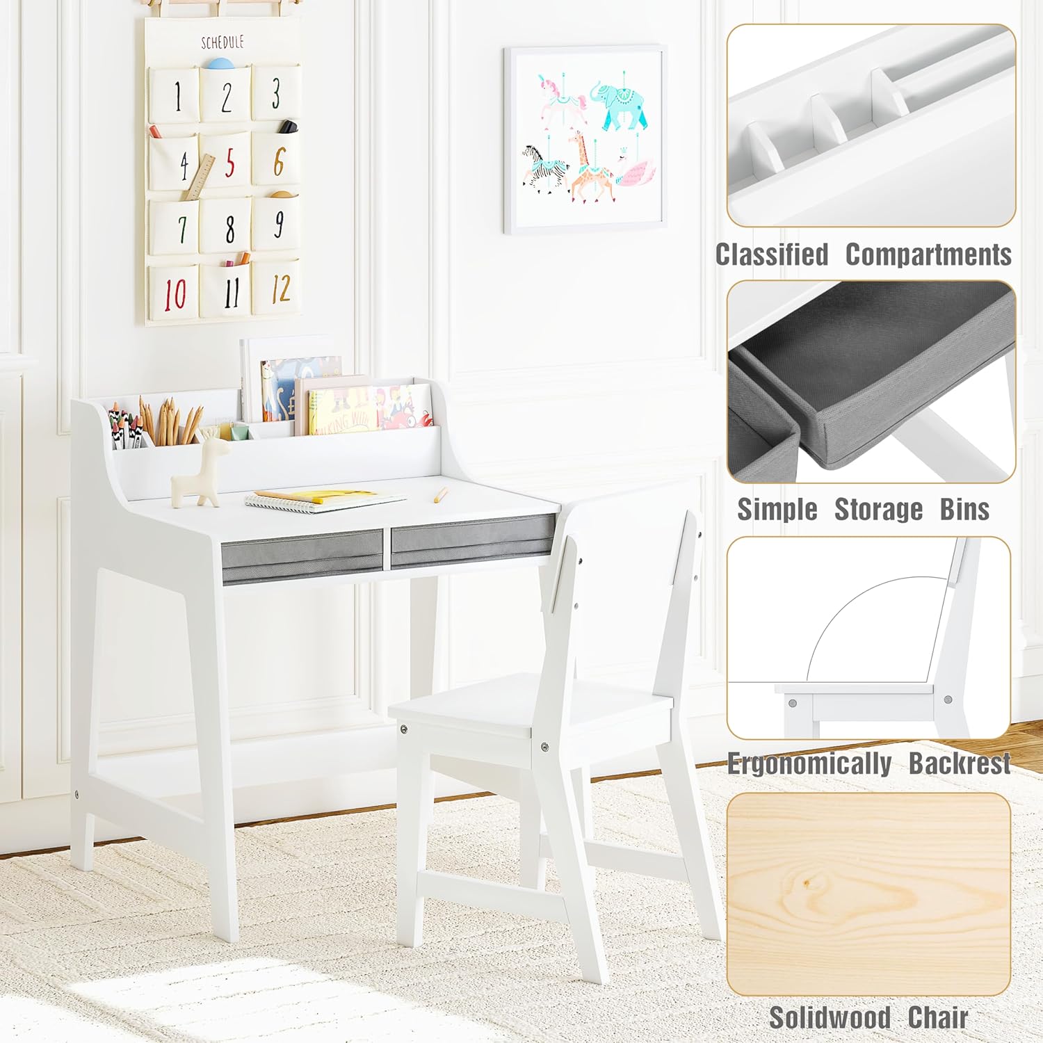 UTEX Kids Desk and Chair Set, Study Desk for Kids with Storage Bins, Wooden Children Study Table, Student Writing Desk for Bedroom & Study Room (2 Fabric Drawers)