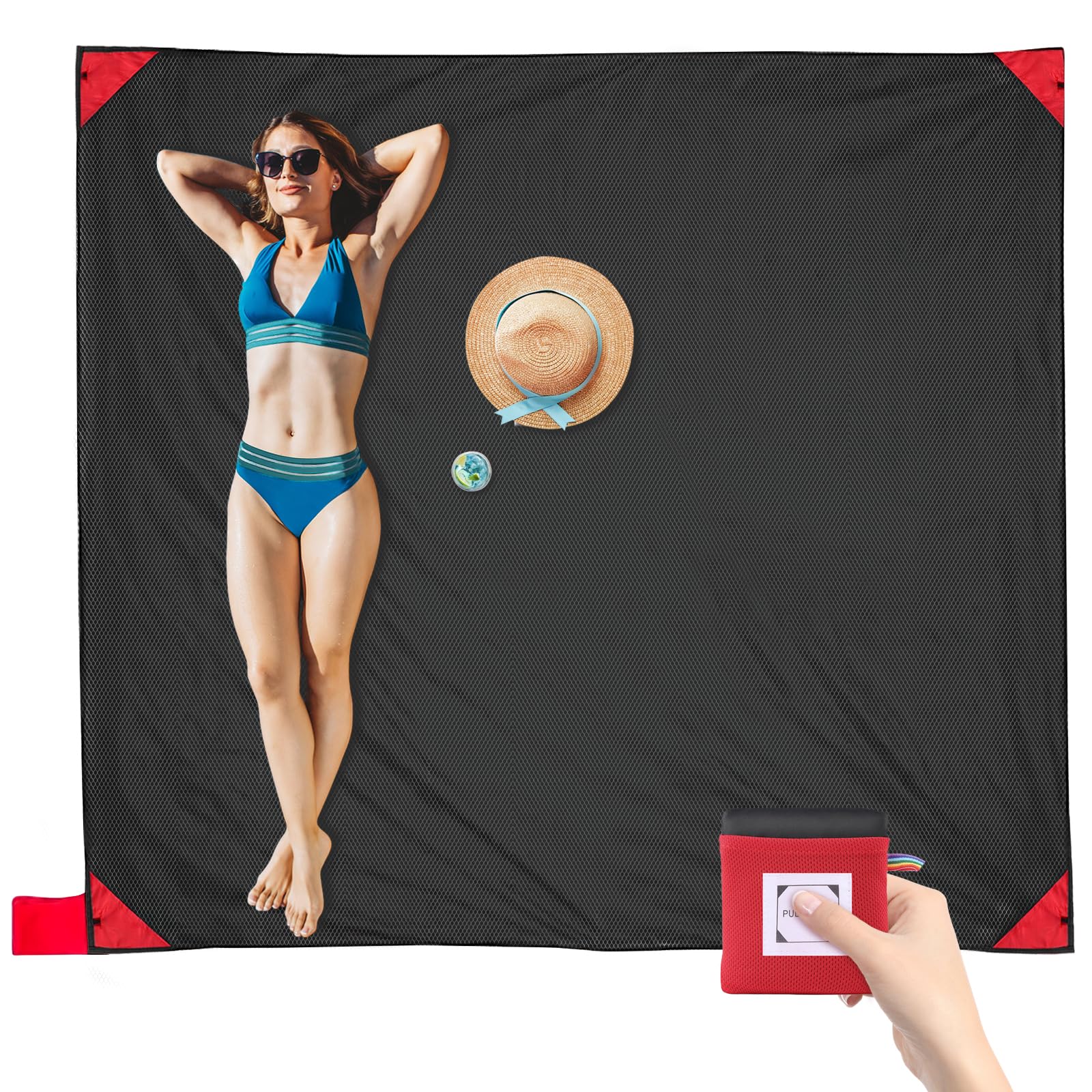 Minicoco Beach Blanket with Pegs Picnic Blanket Waterproof 180 x 150cm for 2-4 Adults,Pocket Blanket for Outdoor Beach Camping Parks Hiking (Red Beach Mat)