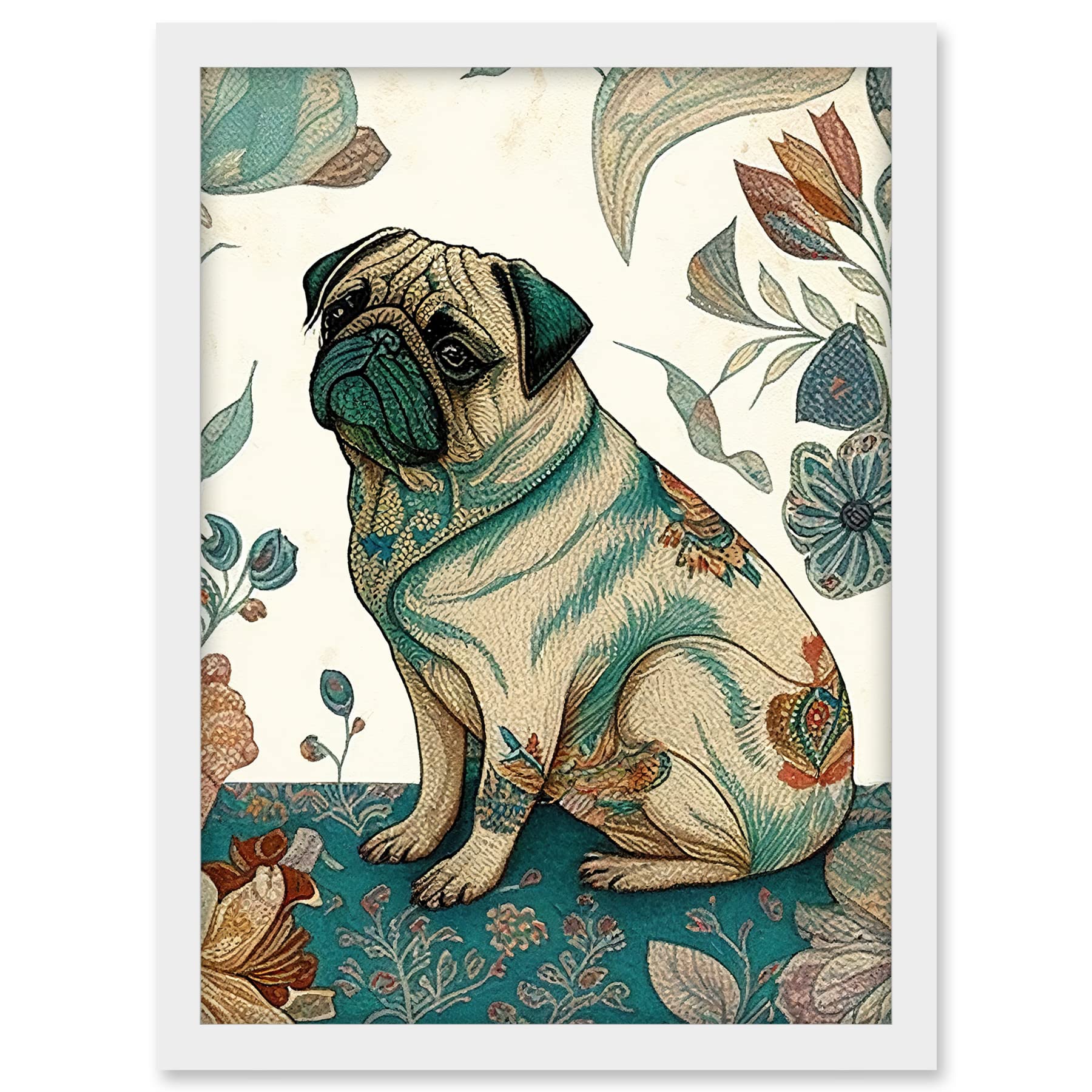 Artery8 Pug Dog with Floral Patterns Vintage Inspired Multicoloured Linocut Illustration Artwork Framed A3 Wall Art Print