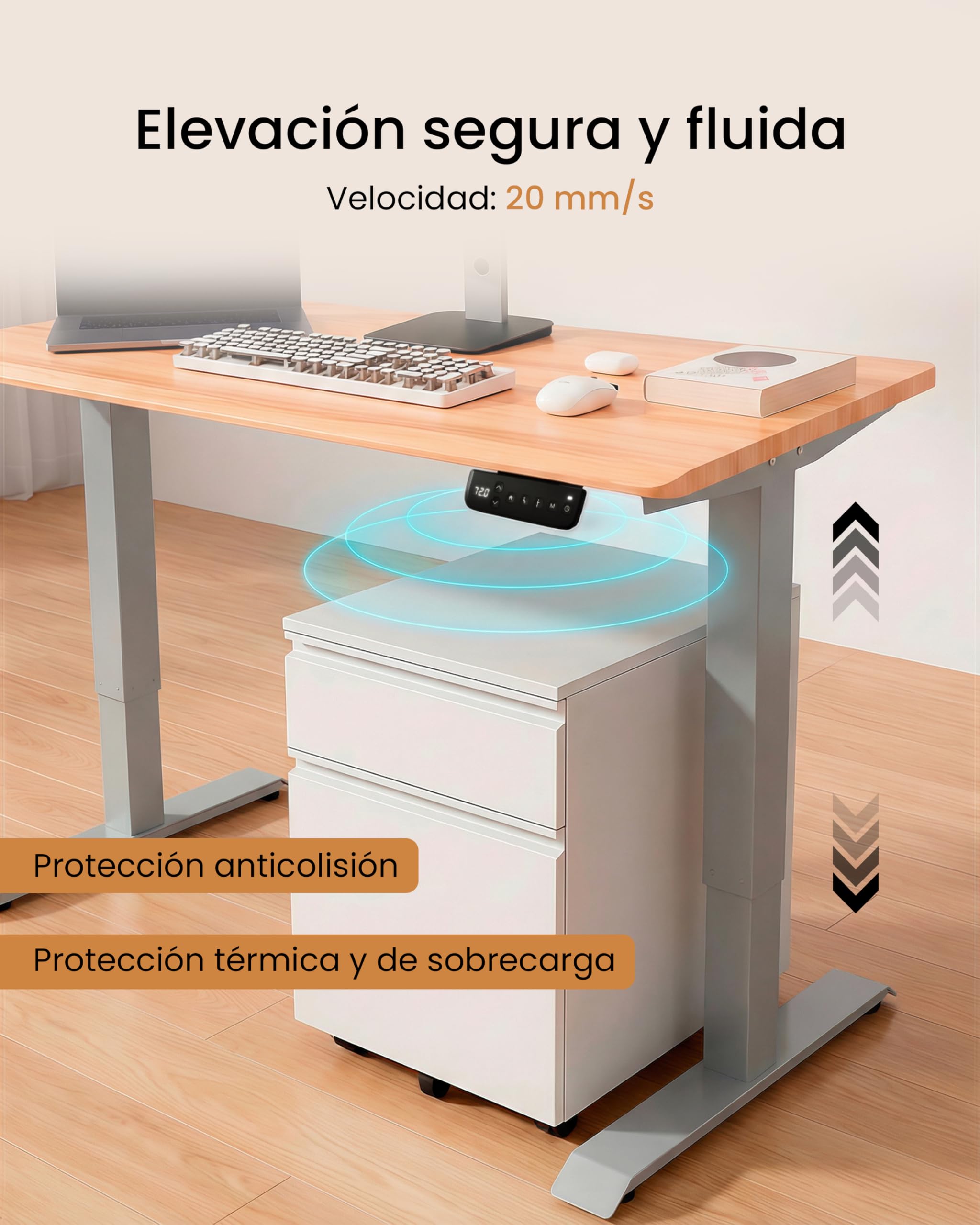 unycos - Escritorio Elevable Eléctrico con Tablero, Mesa con Opciones de Altura, Motor Individual, Función Memoria, Anticolisión, Temporizador, 100 * 60 * 2.5cm (Gris/Madera, Core One)