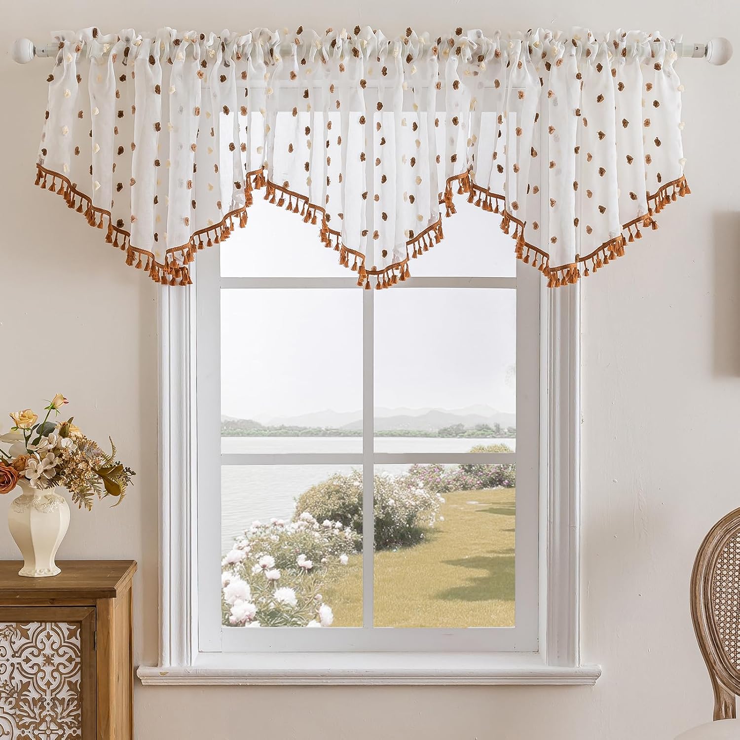 3 Pieces Boho Sheer Valances for Windows, Cute Pom Pom Rod Pocket Light Filtering Short Valance Curtains with Tassels for Nursery Kids Bedroom Bathroom Cafe (Brown,55"x24")
