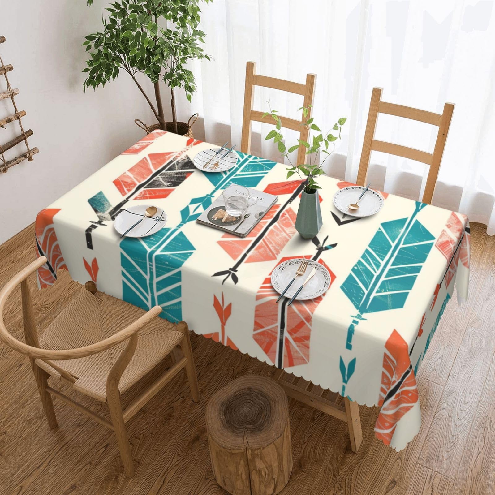 WPKJU Coral and Teal Arrows Printed Rectangle Tablecloth 72x54 Inch with Lace Trim, Water-Resistant Washable Table Cover for Farmhouse Weddings, Outdoor Picnics & Holiday Dining