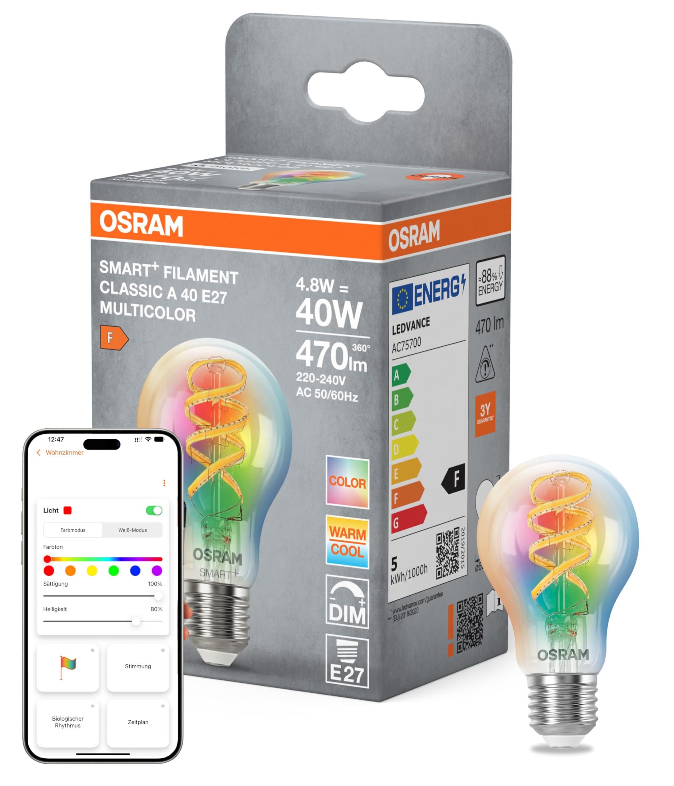 Osram SMART+ LED-Lampe Kolbenform A40 RGBW E27, Filament, Matter-ready, steuerbar per App, Multicolor, WiFi-Anbindung, 2700–6500 K