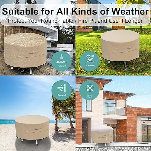 Miniatura 7 de CHENGWEI Cubierta redonda para hoguera de 32 pulgadas, impermeable, 600D, tela Oxford 600D, cubierta de mesa para fogata de gas para patio al aire